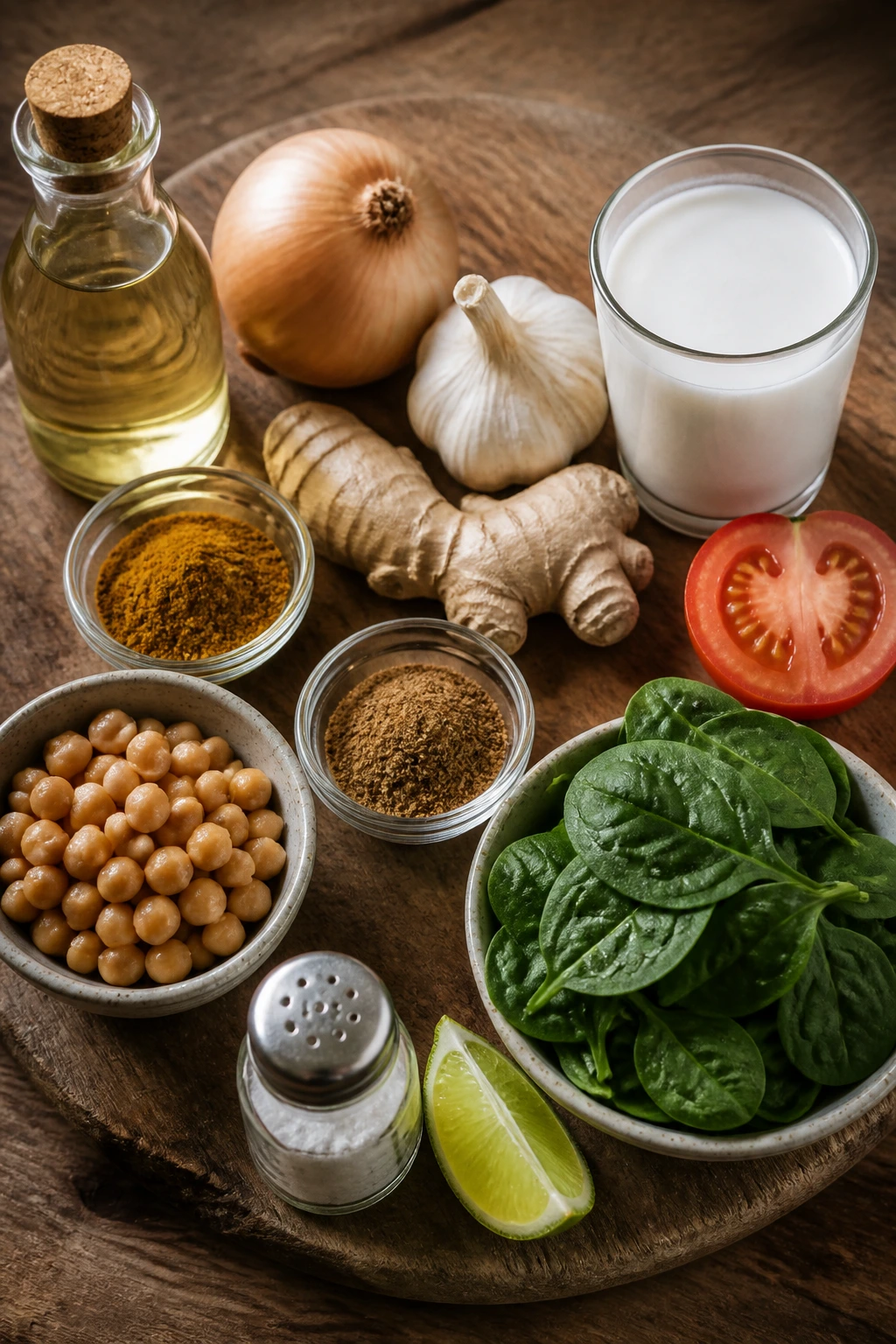 Still-life of key ingredients for dairy-free curry on a wooden board