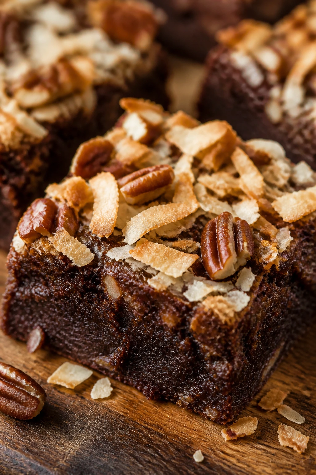 Brownie with toasted coconut and pecans on wooden board