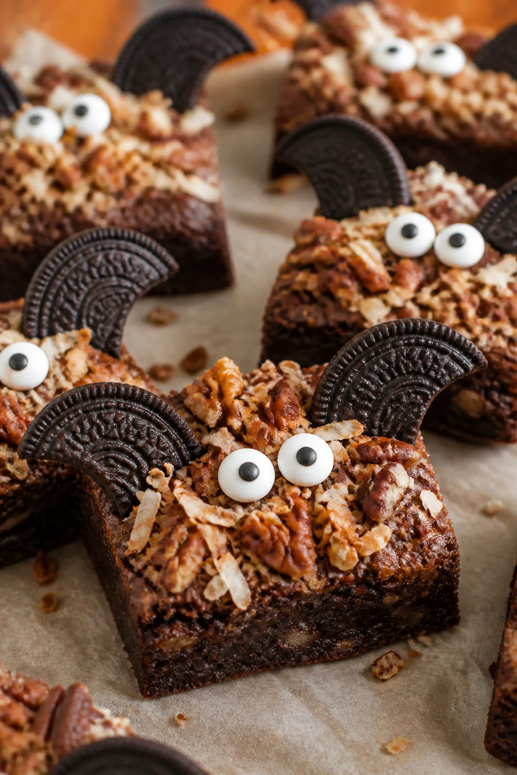 Close-up of coconut and pecan bat brownies with Oreo wings and candy eyes