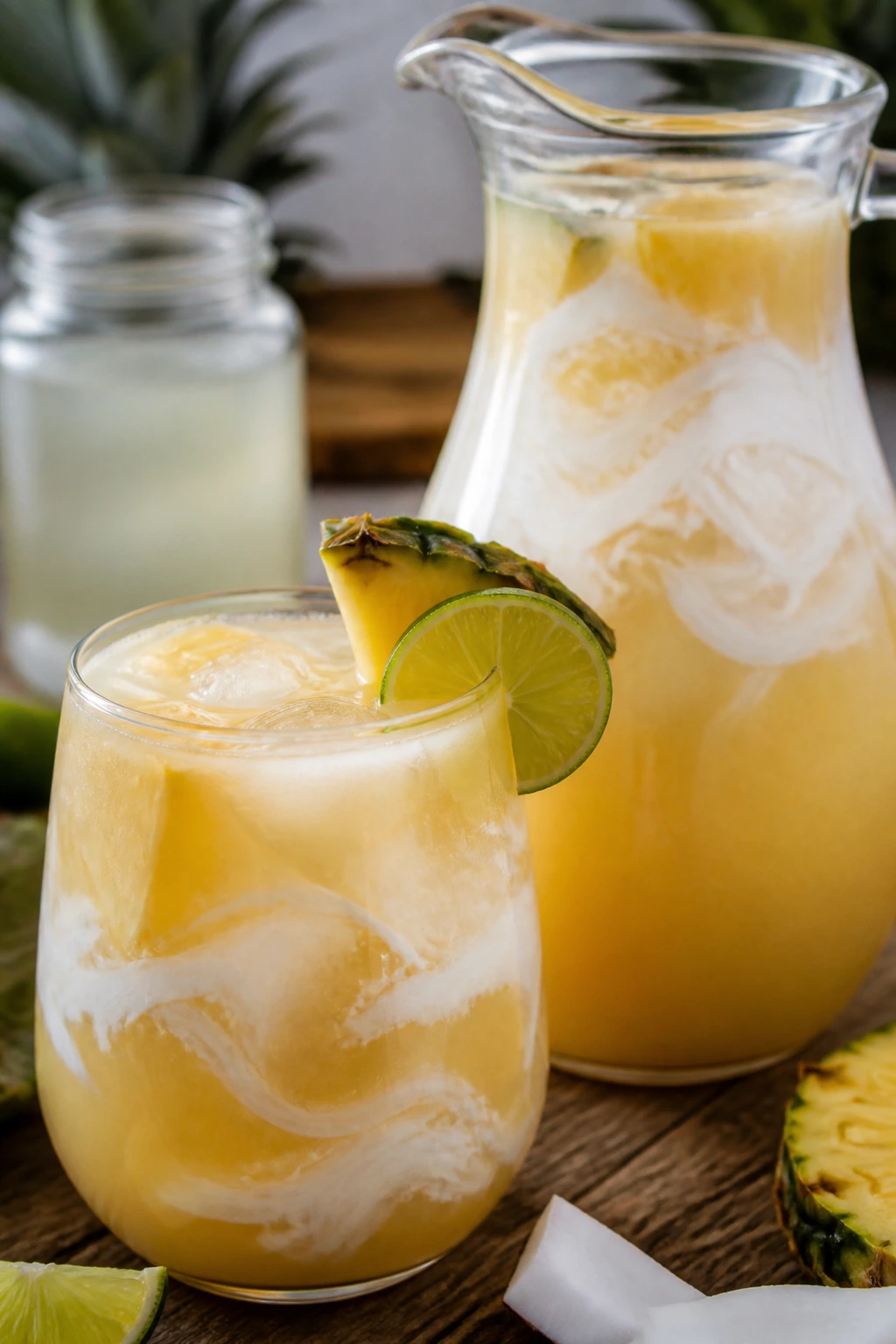Glass and pitcher of coconut pineapple rum punch on rustic kitchen counter