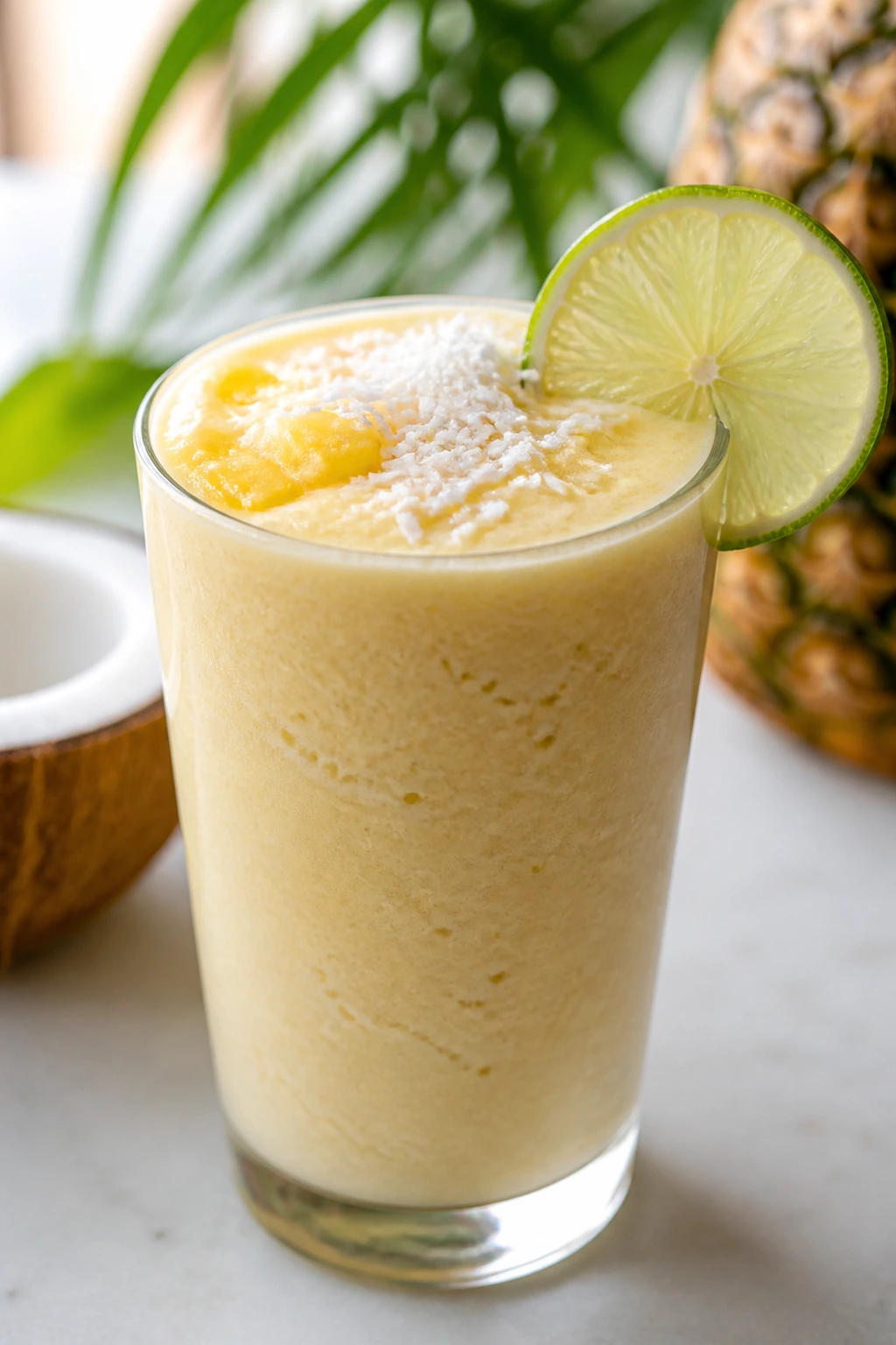 Tall glass of coconut pineapple smoothie with lime wheel in tropical kitchen