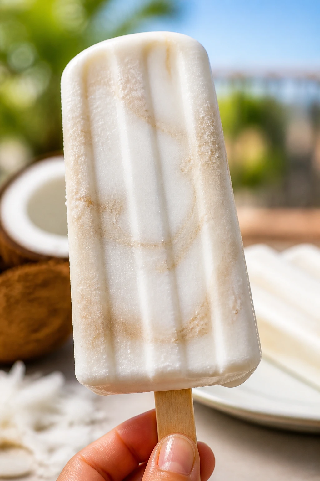 Coconut popsicle with vanilla swirl on a stick