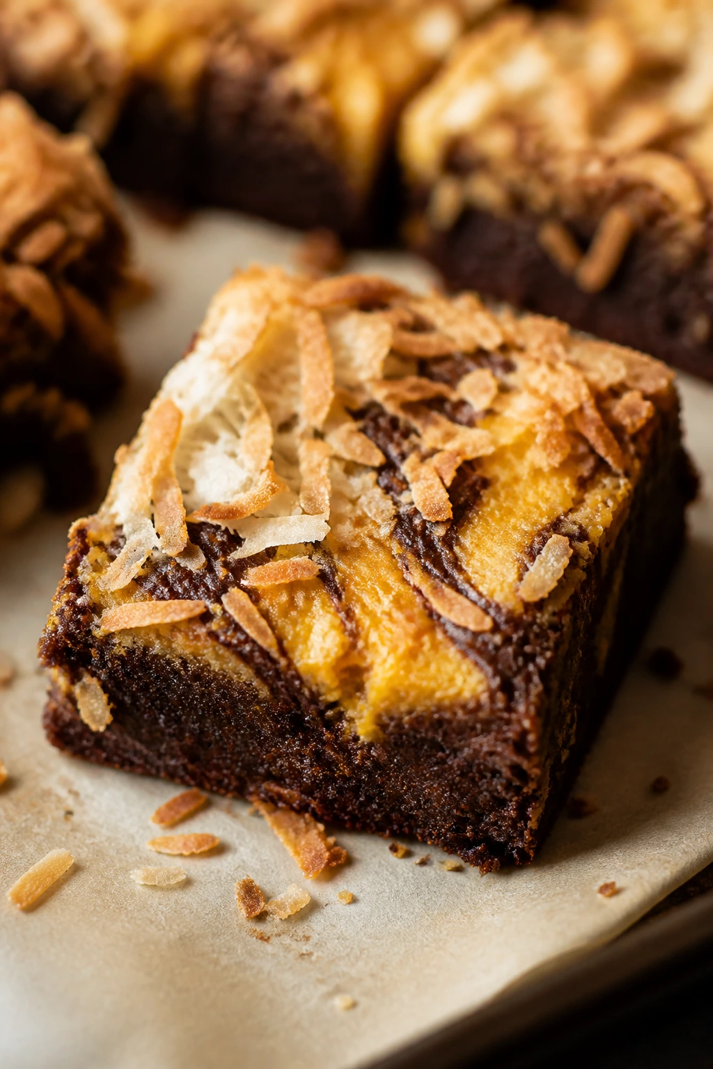 Close-up of coconut macaroon pumpkin swirl brownie with toasted coconut