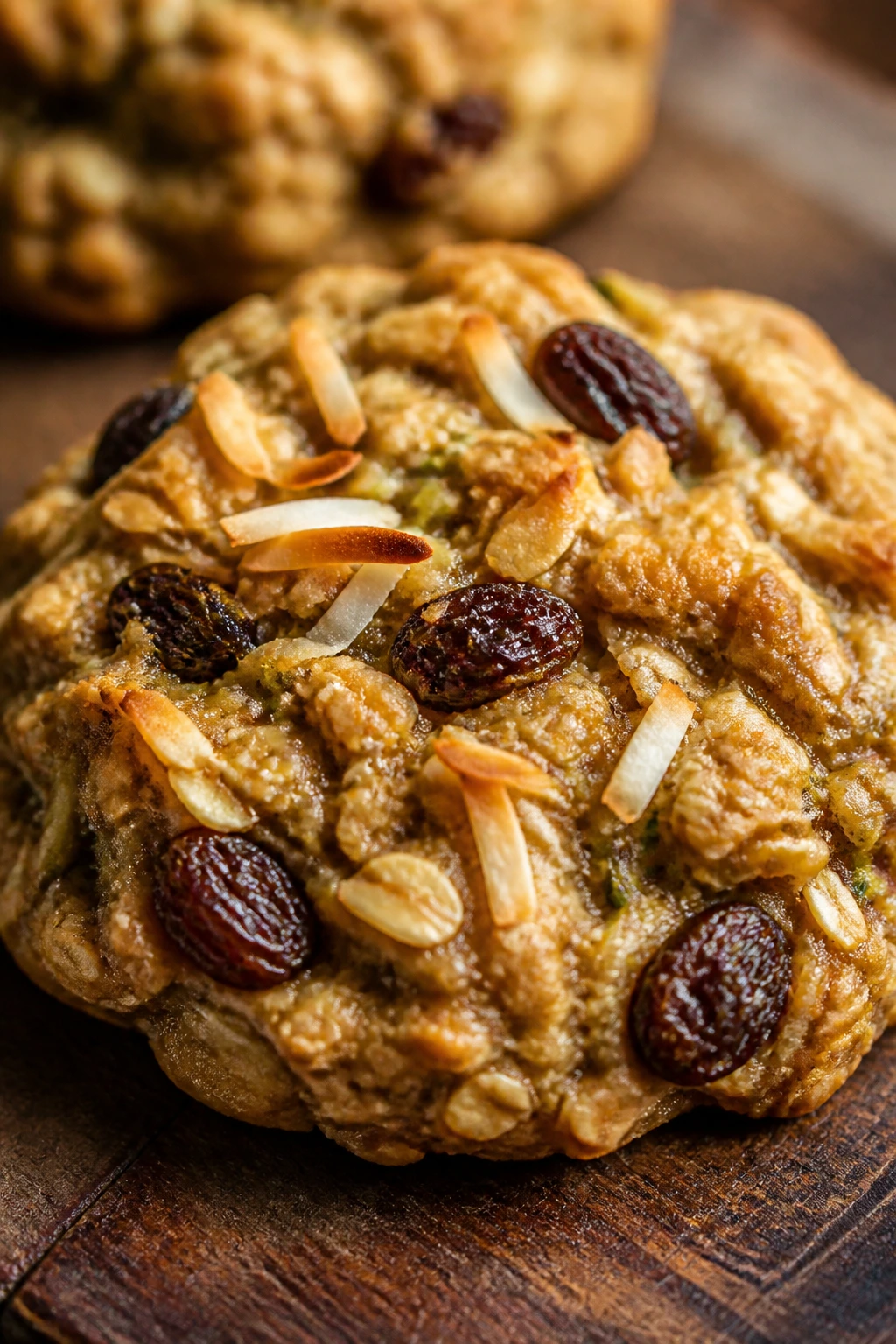 Close-up of a coconut raisin zucchini oatmeal cookie on a wooden surface