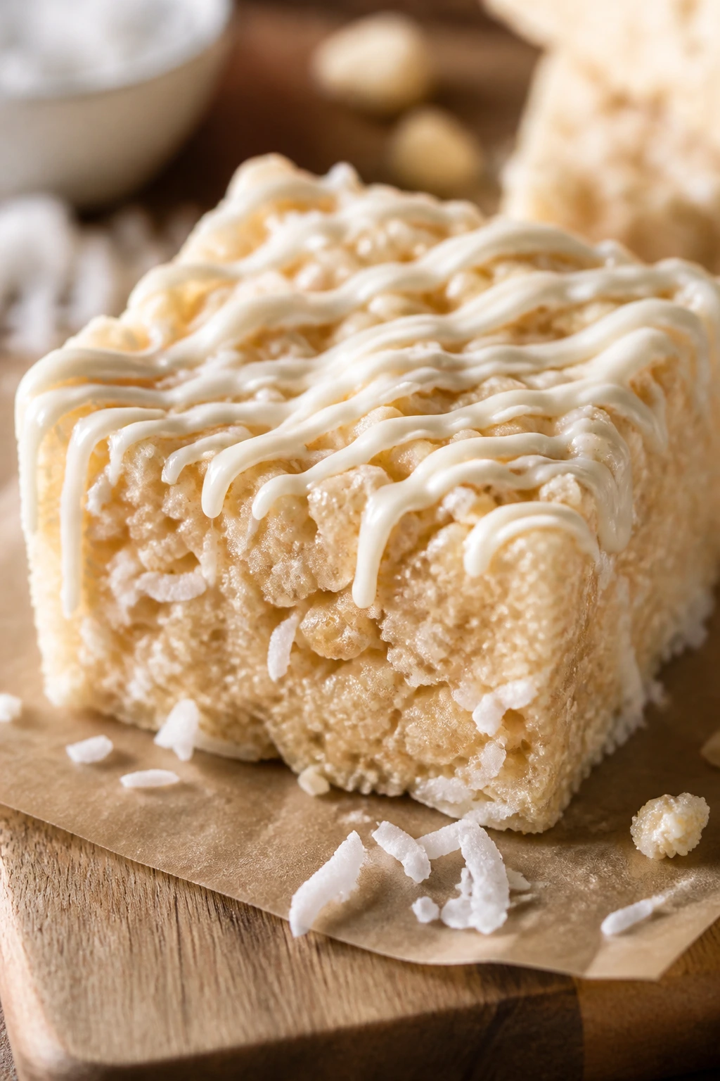 Single coconut Rice Krispie treat square on parchment with white chocolate drizzle