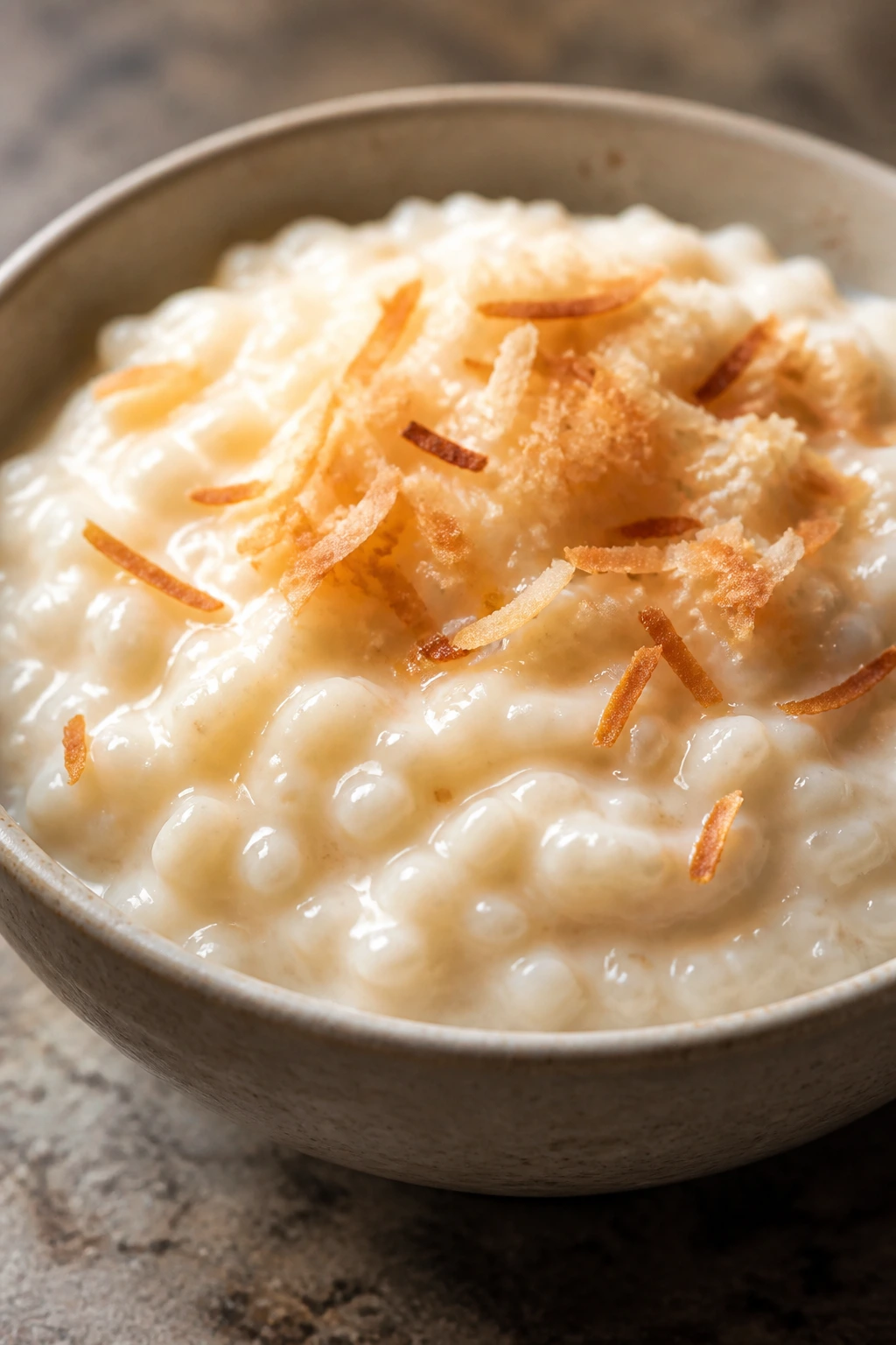 Creamy coconut rice pudding in a bowl with toasted coconut