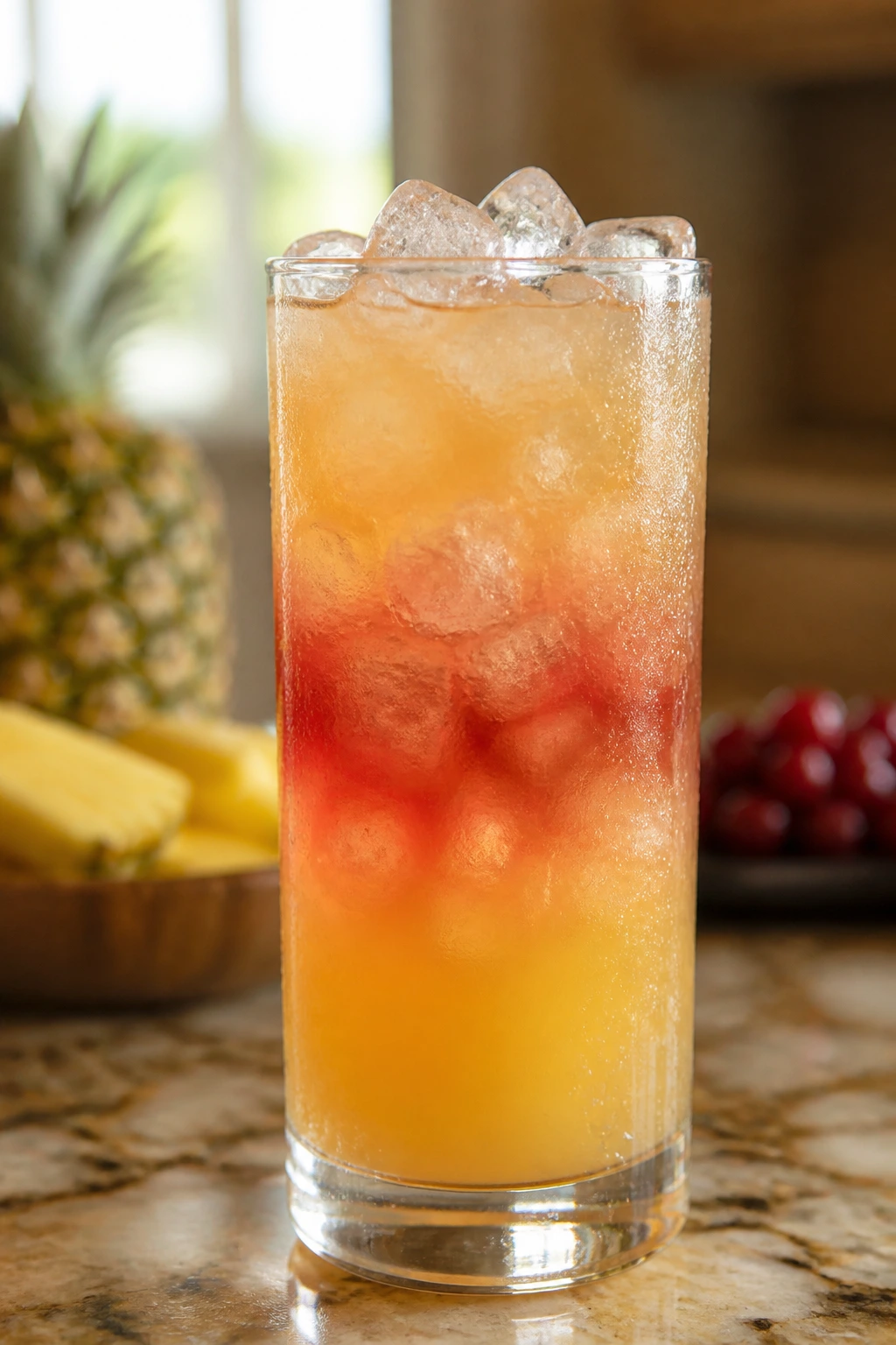 Close-up of a coconut-rum highball with pineapple and cranberry layers in a tall glass on a sunlit counter.