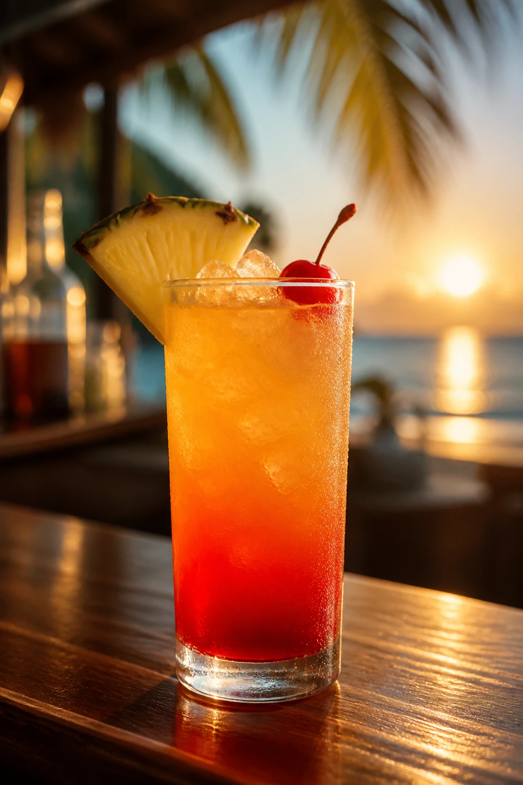 Coconut-Rum Sunset cocktail in a glass at a beach bar during golden hour
