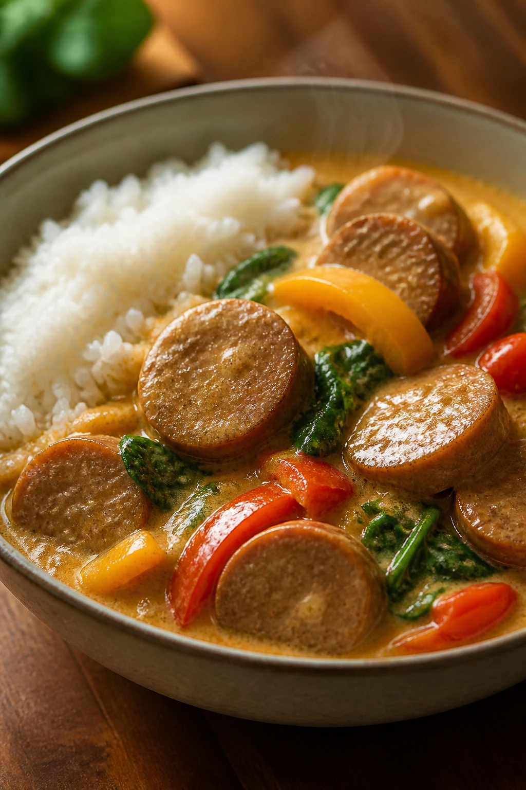 Coconut sausage curry over rice in a bowl