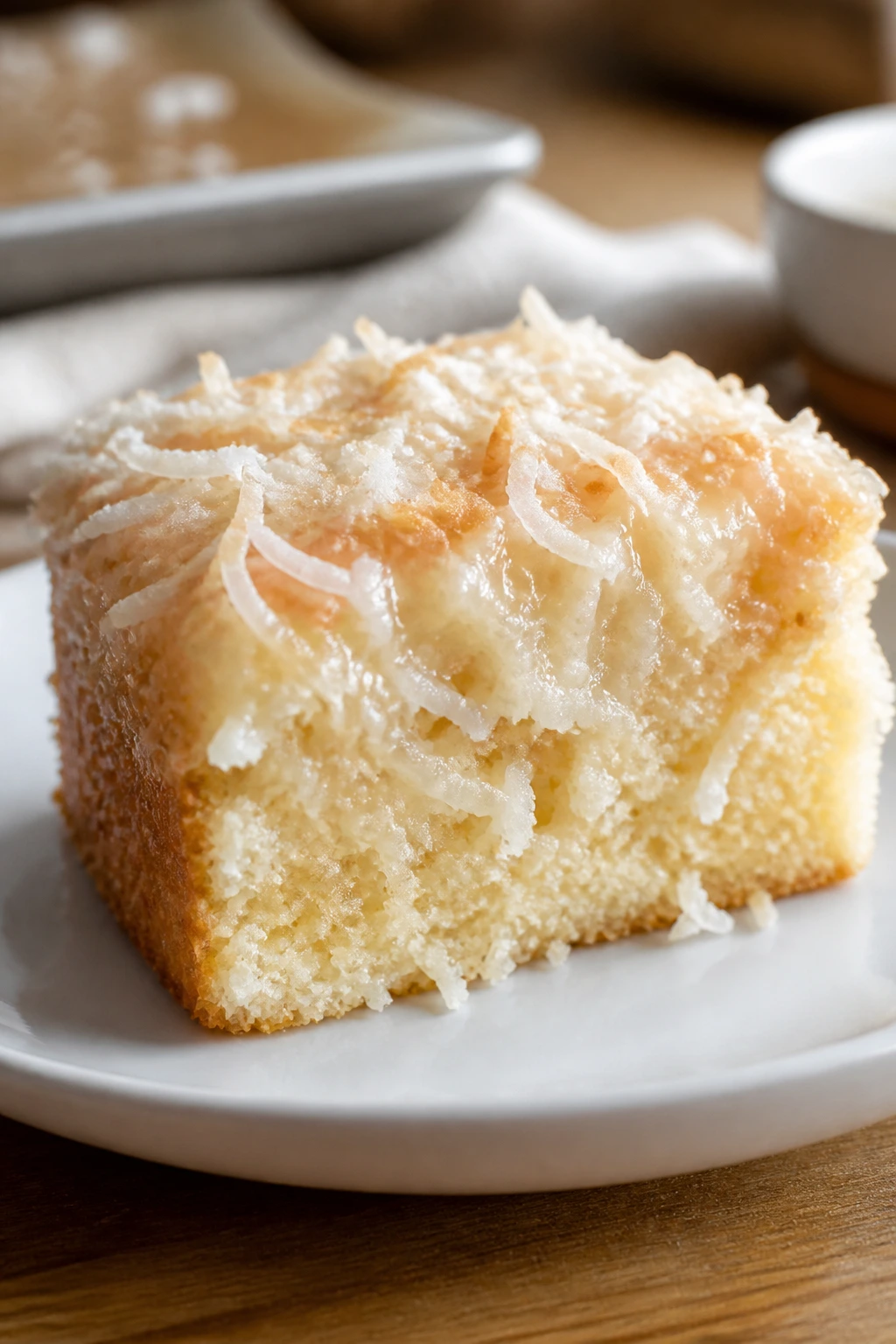 Slice of coconut sheet cake on plate