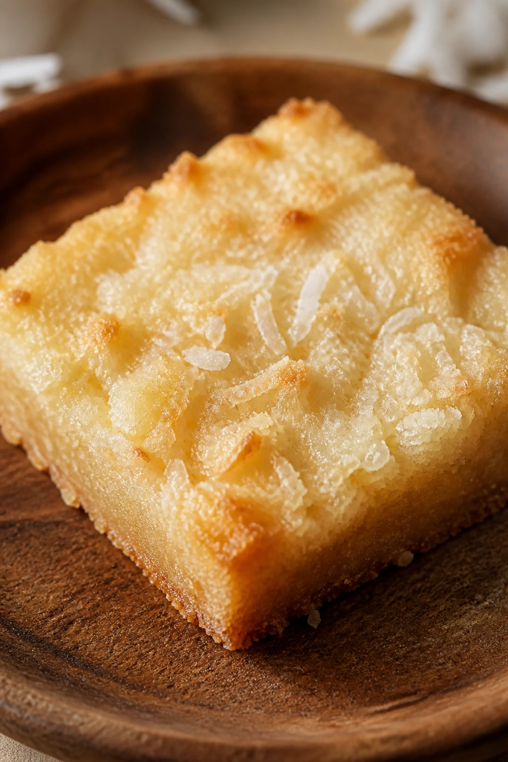 Close-up of coconut shortbread square on wooden plate