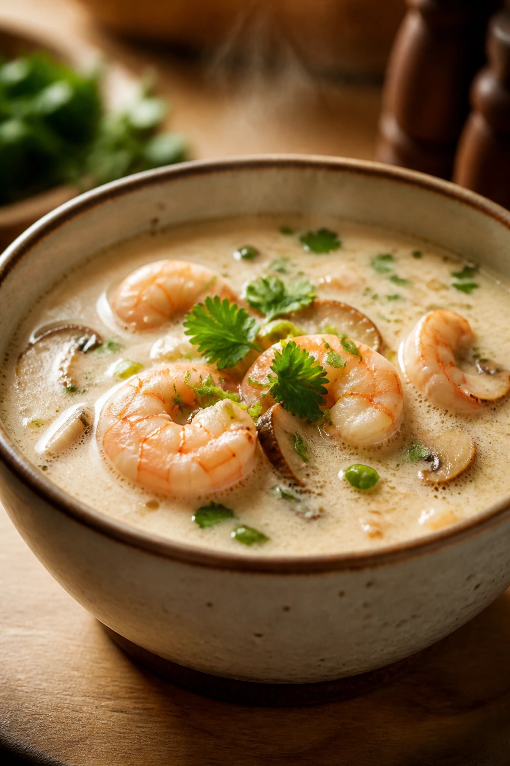 Creamy coconut shrimp soup in a bowl with shrimp visible