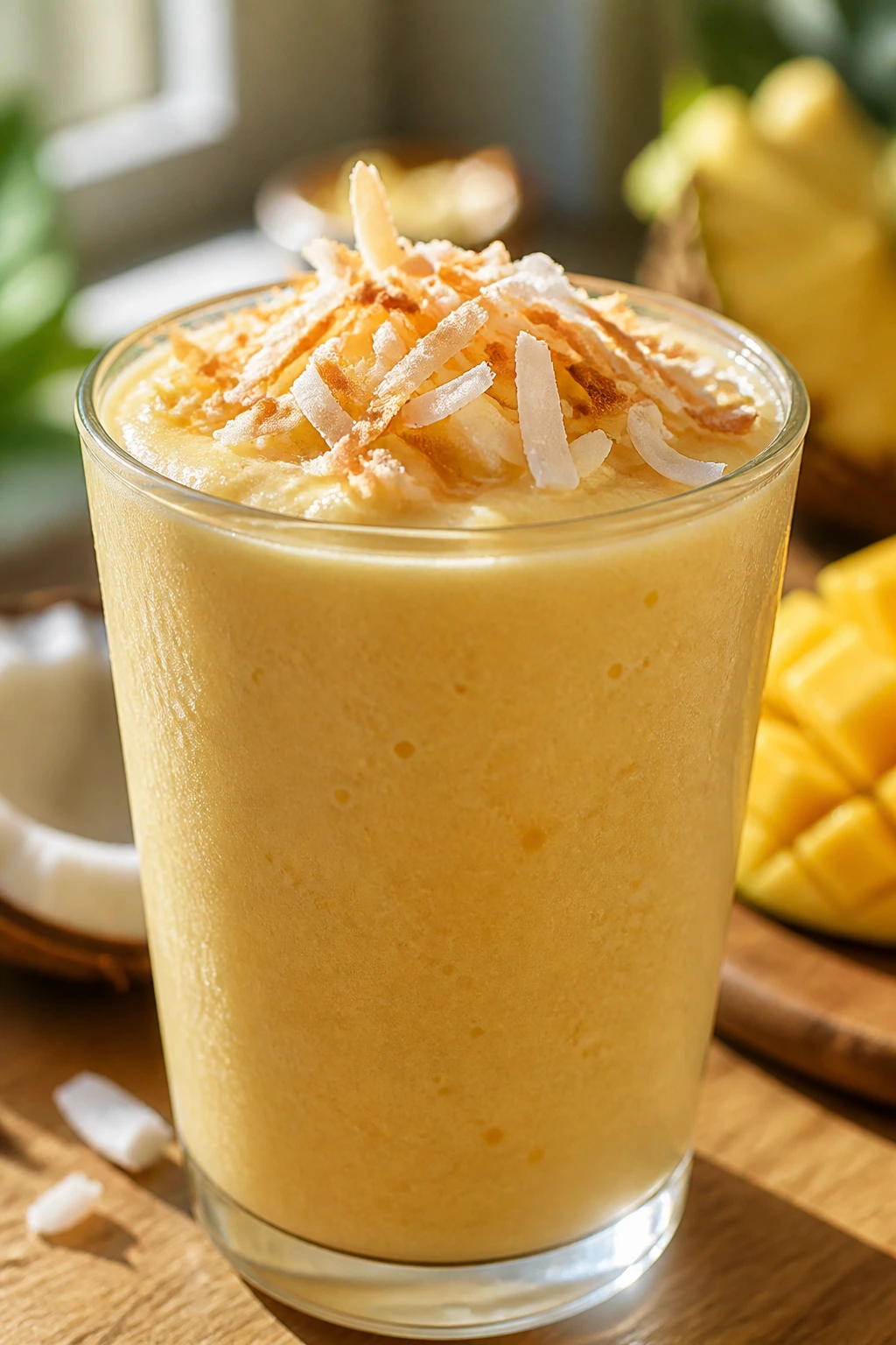 Close-up of Tropical Coconut Cream smoothie with toasted coconut in a sunlit kitchen