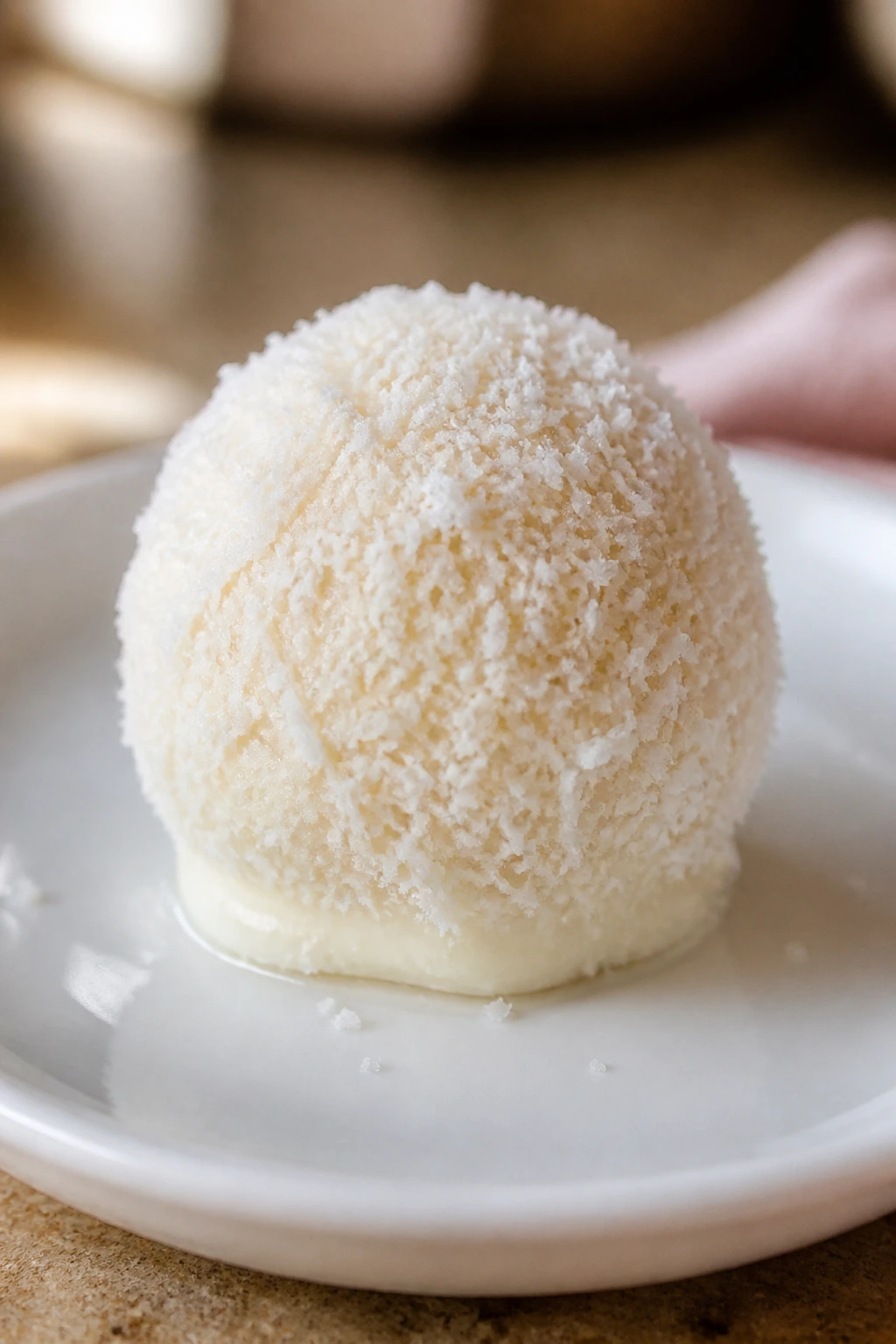 Single coconut snowball cookie coated in coconut on a plate