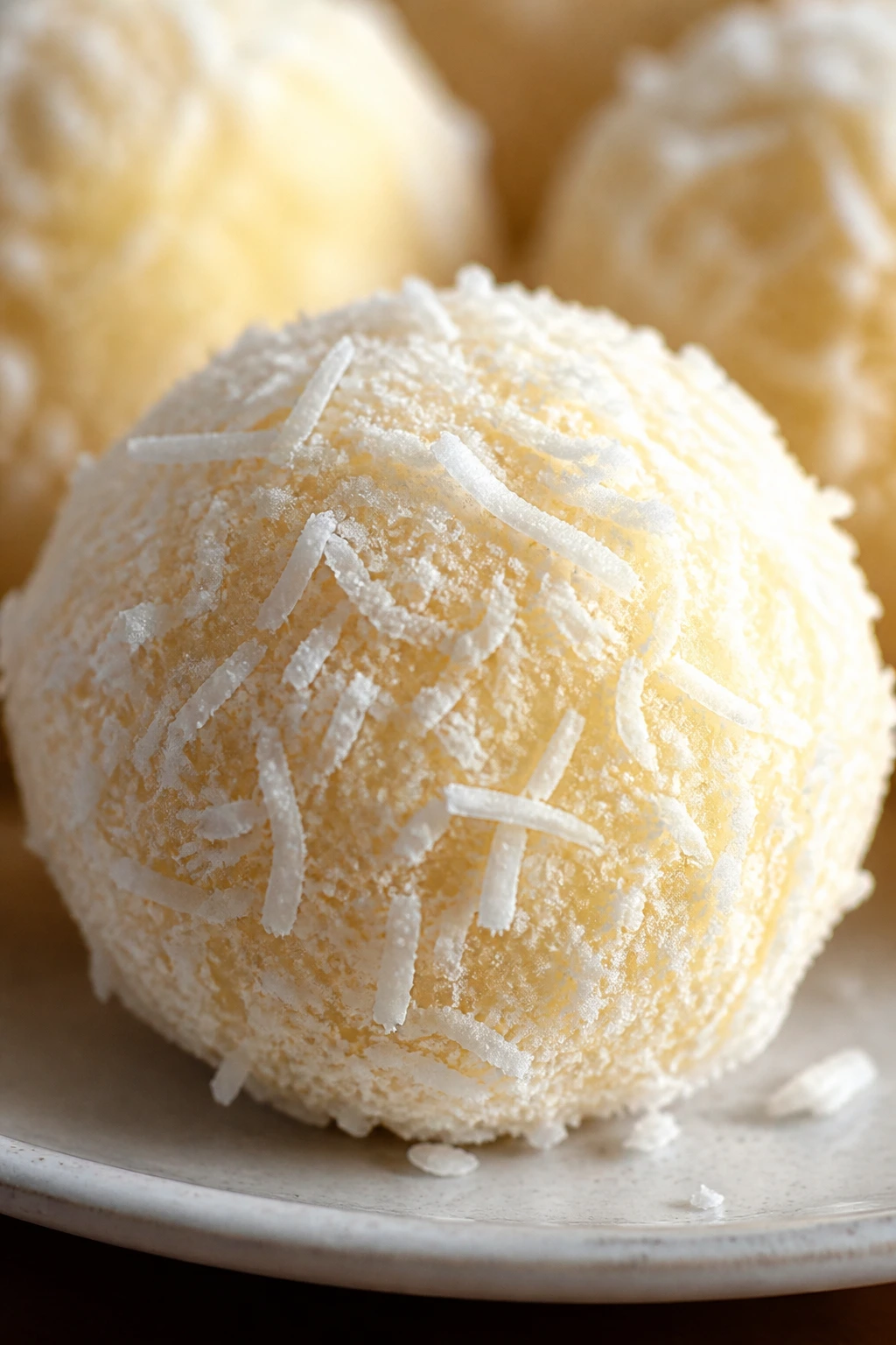 Close-up of coconut snowball cookie with shredded coconut
