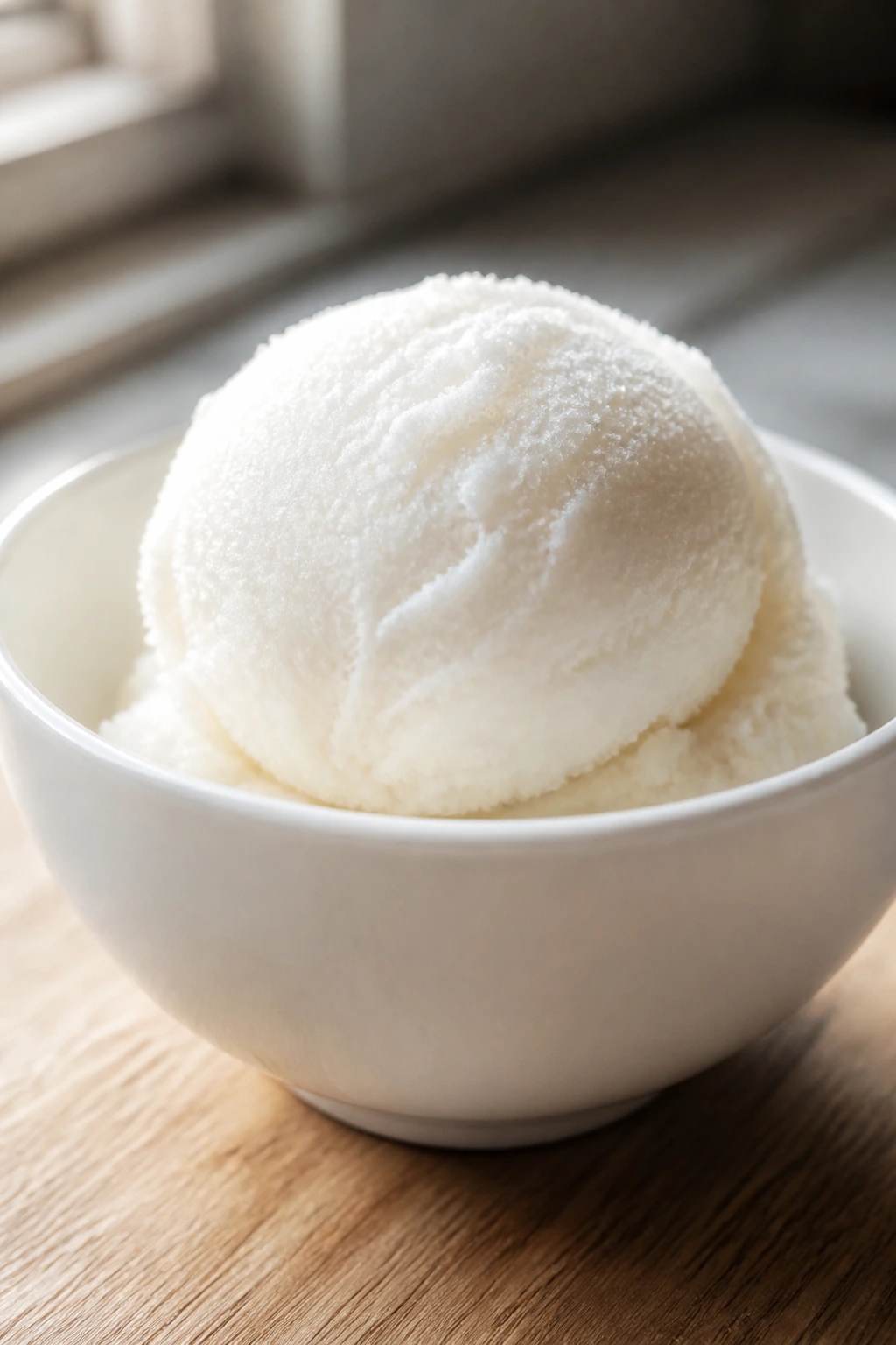 Close-up of coconut sorbet scoop in white bowl on wood counter, creamy texture