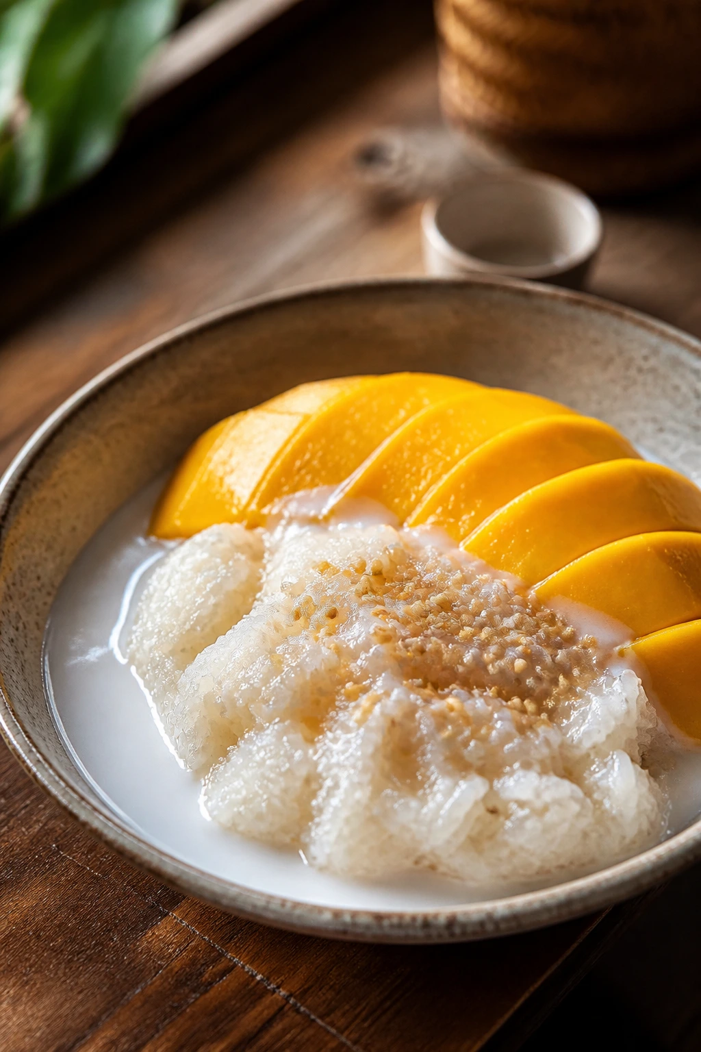 Bowl of Thai coconut sticky rice with mango slices