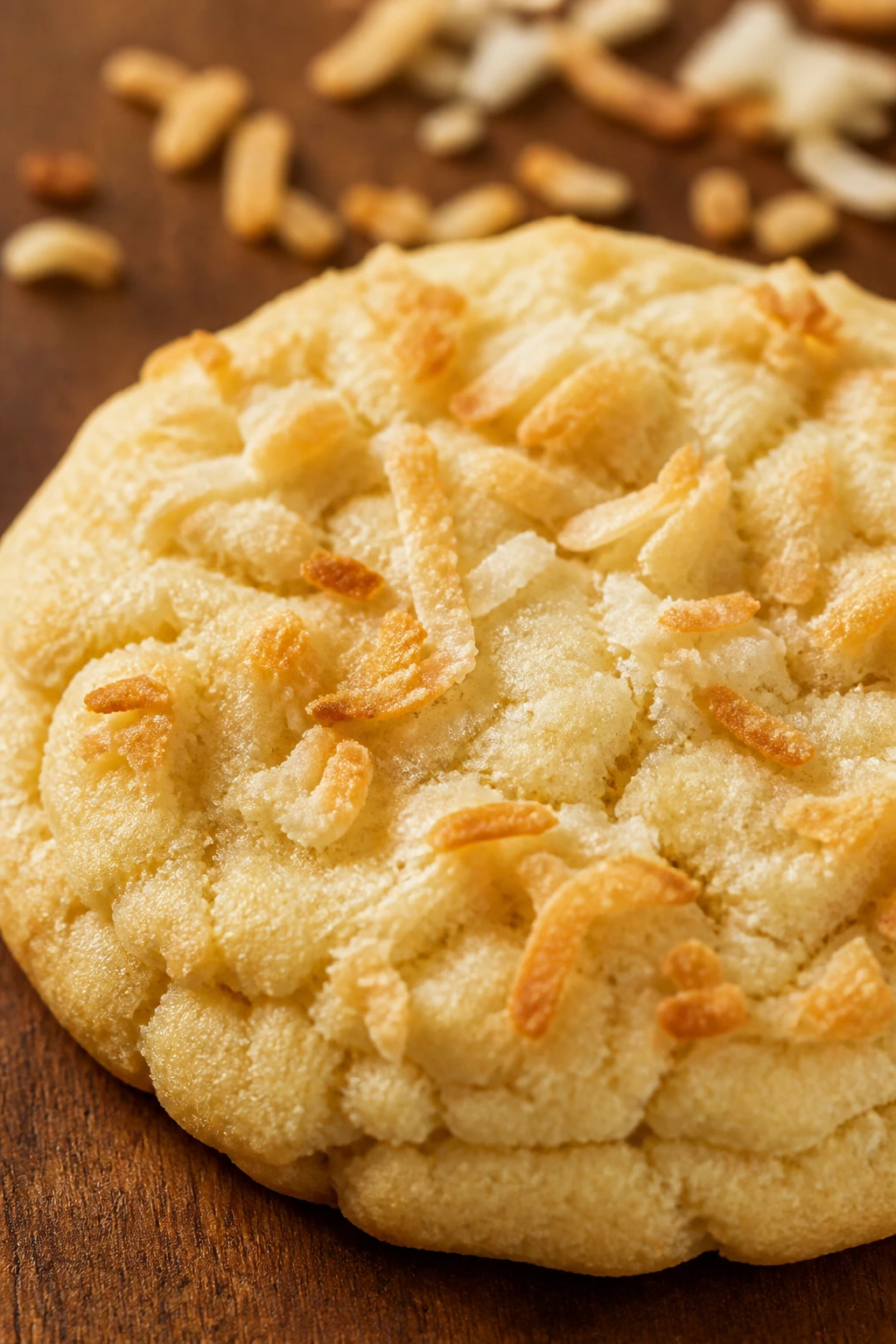 Close-up of a coconut sugar cookie with toasted coconut on a wooden table