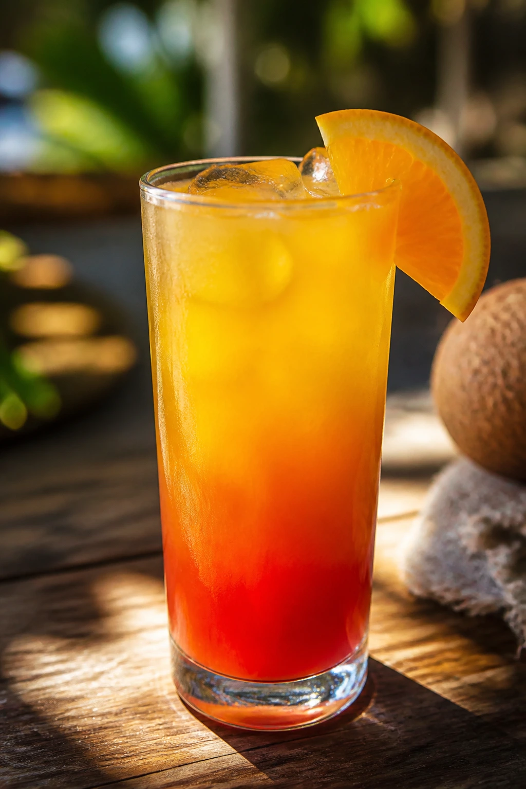 Close-up of a Coconut Sunrise cocktail with orange-to-red layers in a highball glass on a sunlit wooden table