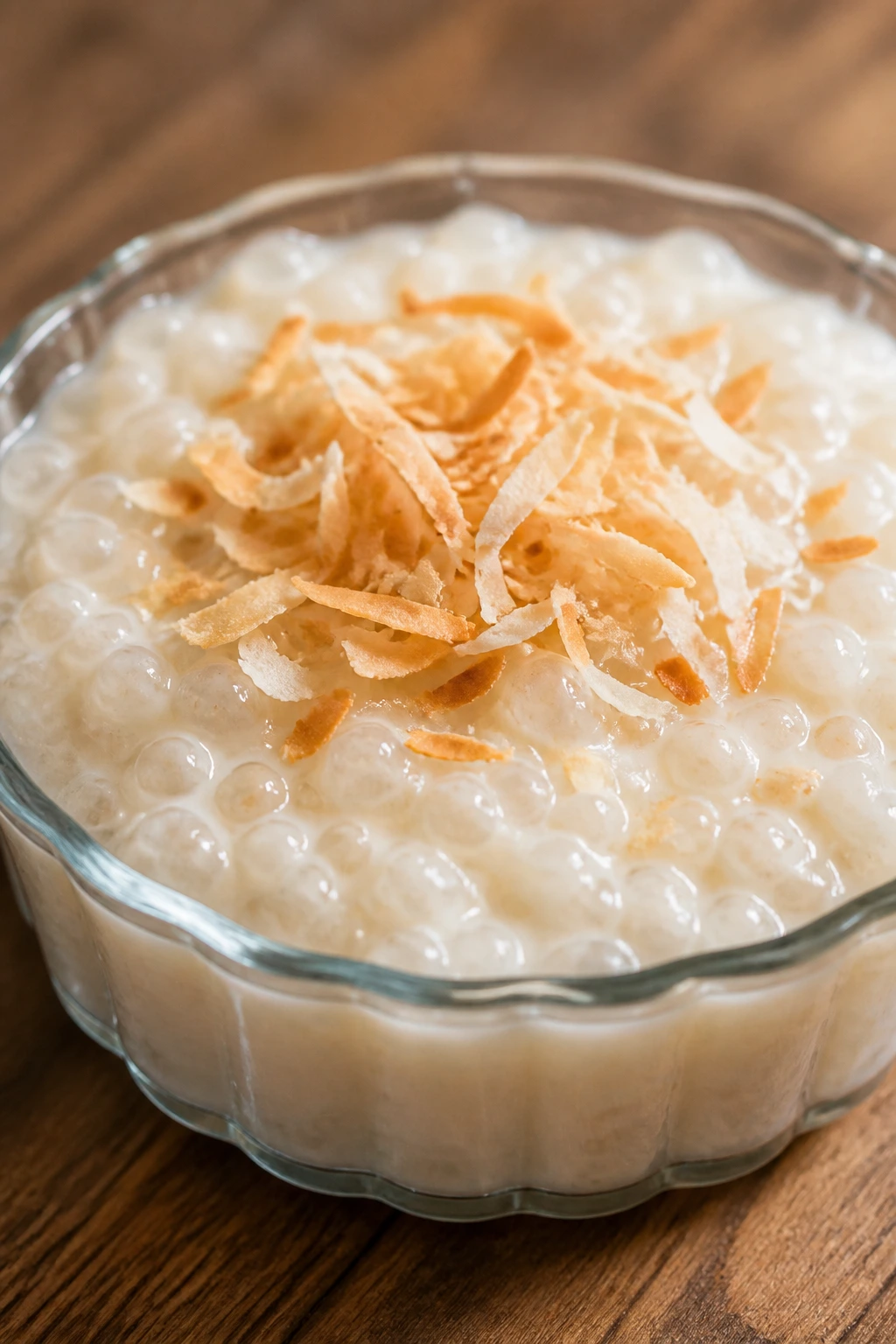 Coconut tapioca pudding in a ramekin
