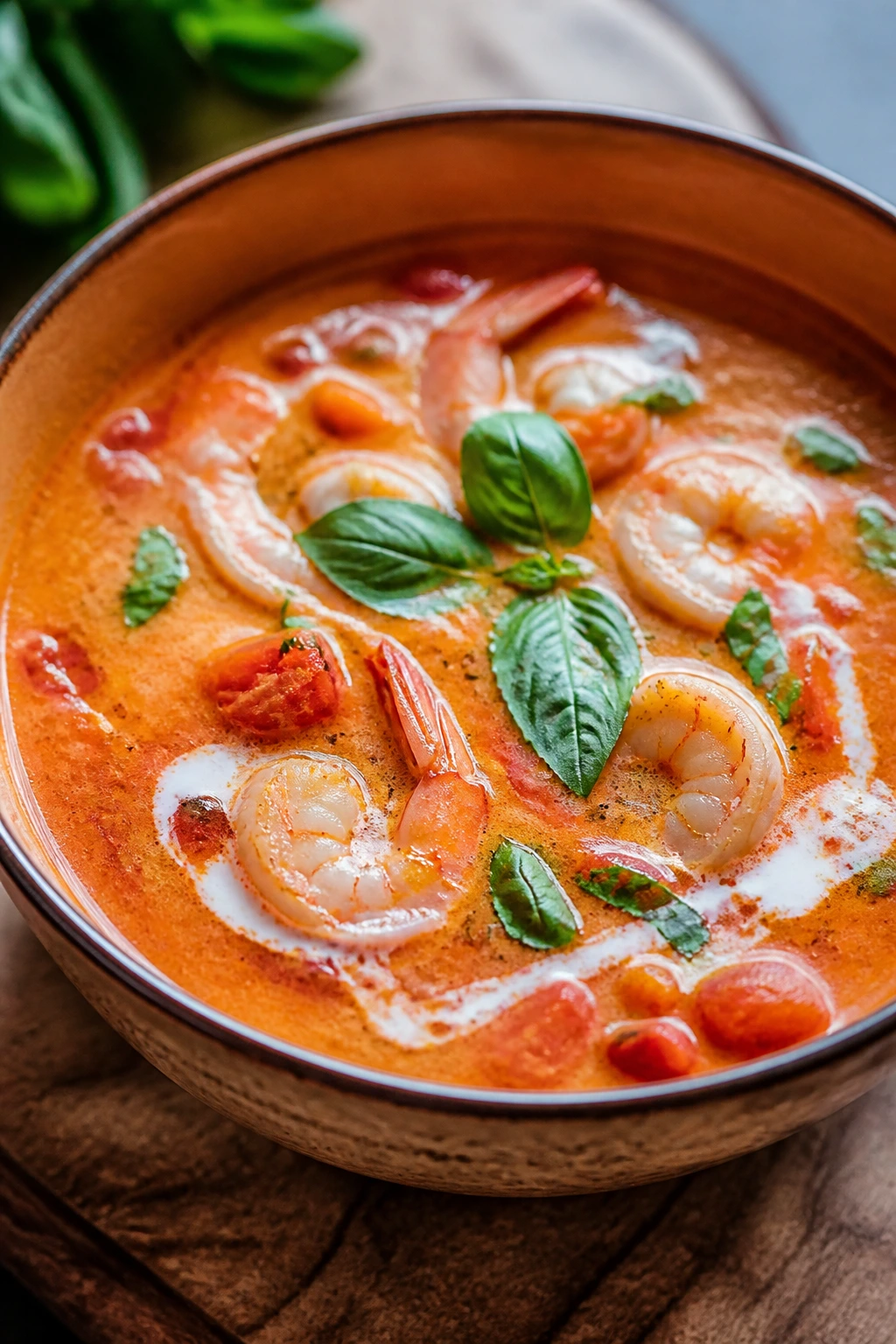 Close-up of Coconut Tomato Shrimp Soup with shrimp and coconut-rich broth