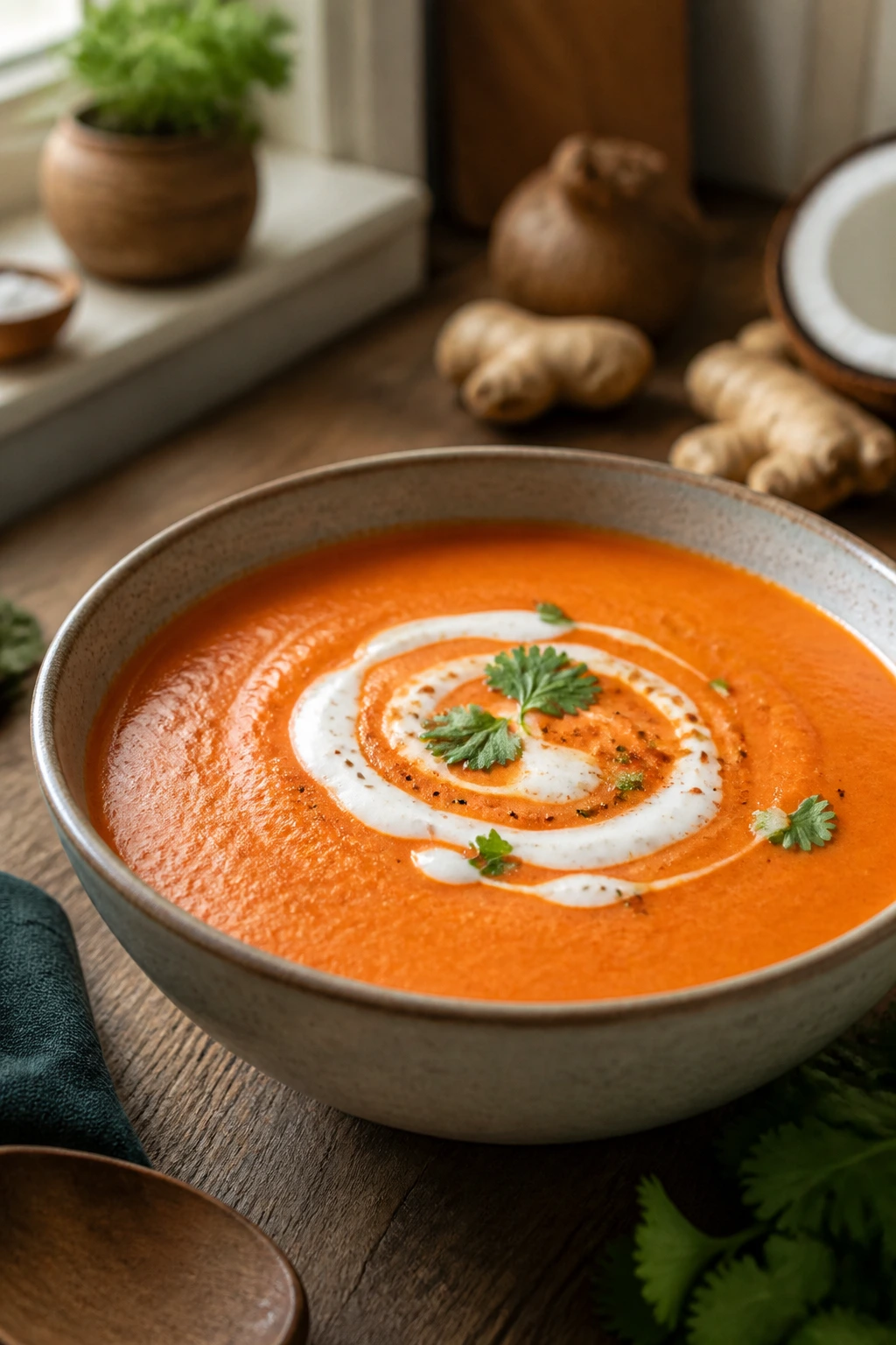 Close-up of vegan coconut tomato soup with a coconut milk swirl