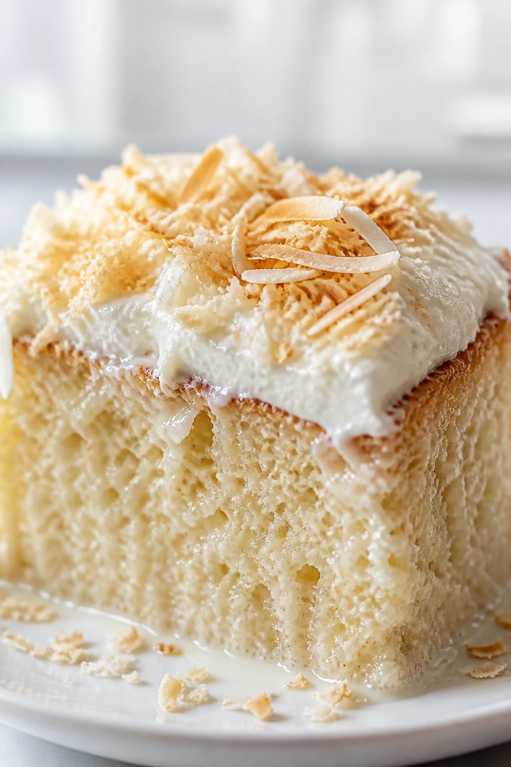 Slice of coconut tres leches cake showing milk soak and coconut topping