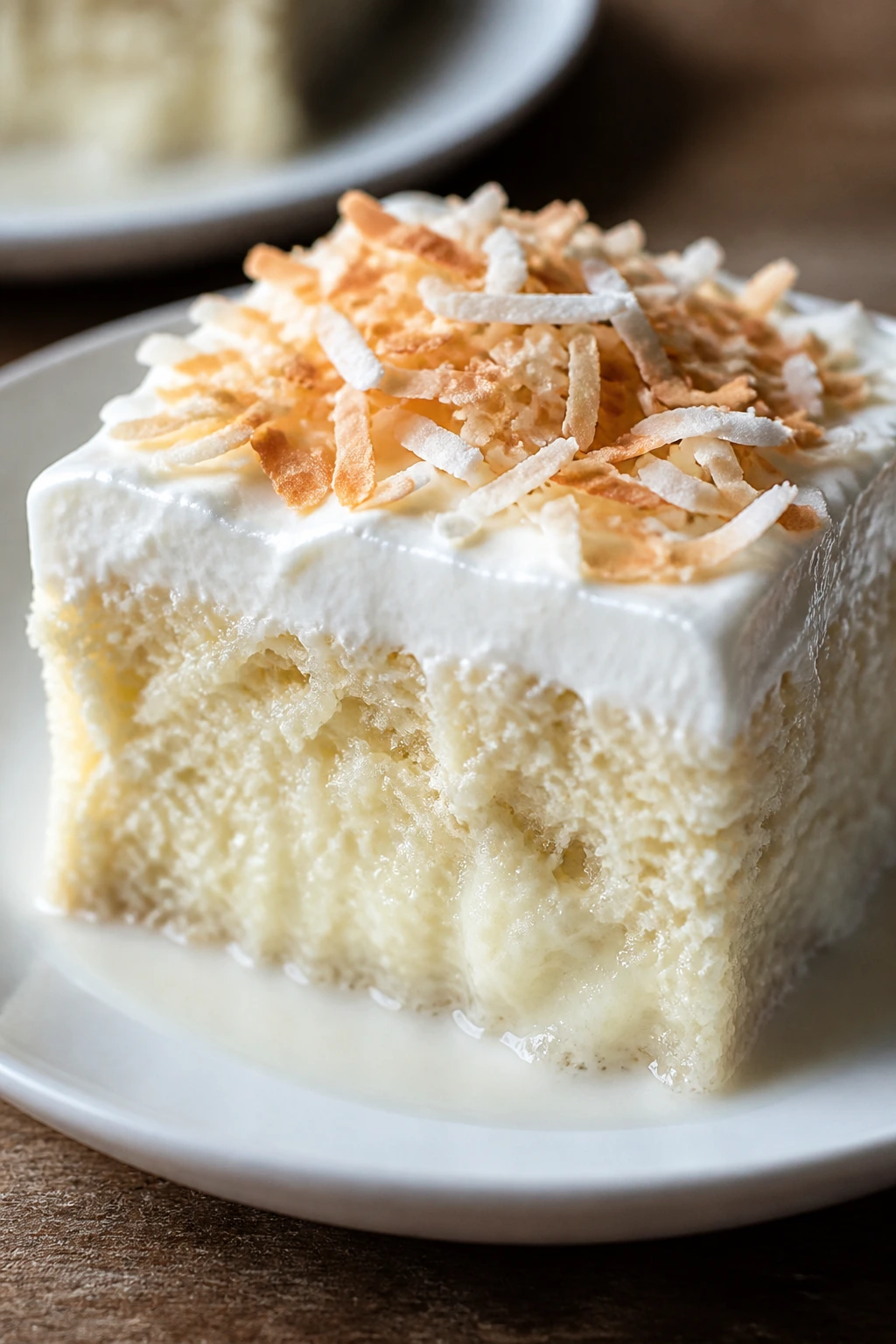Coconut tres leches square on plate with coconut topping