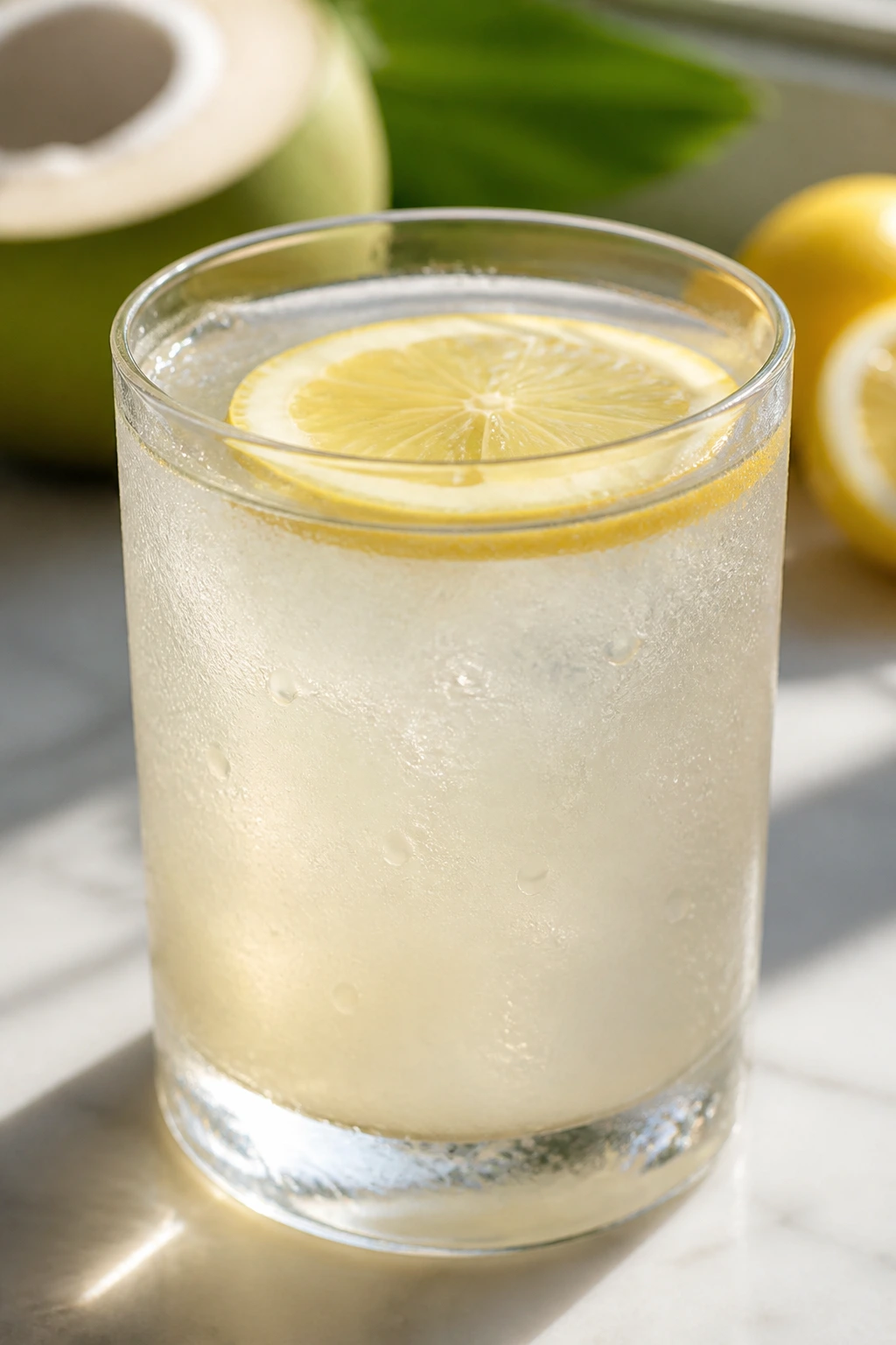 Close-up of coconut lemon cooler in a glass, pale refreshing drink