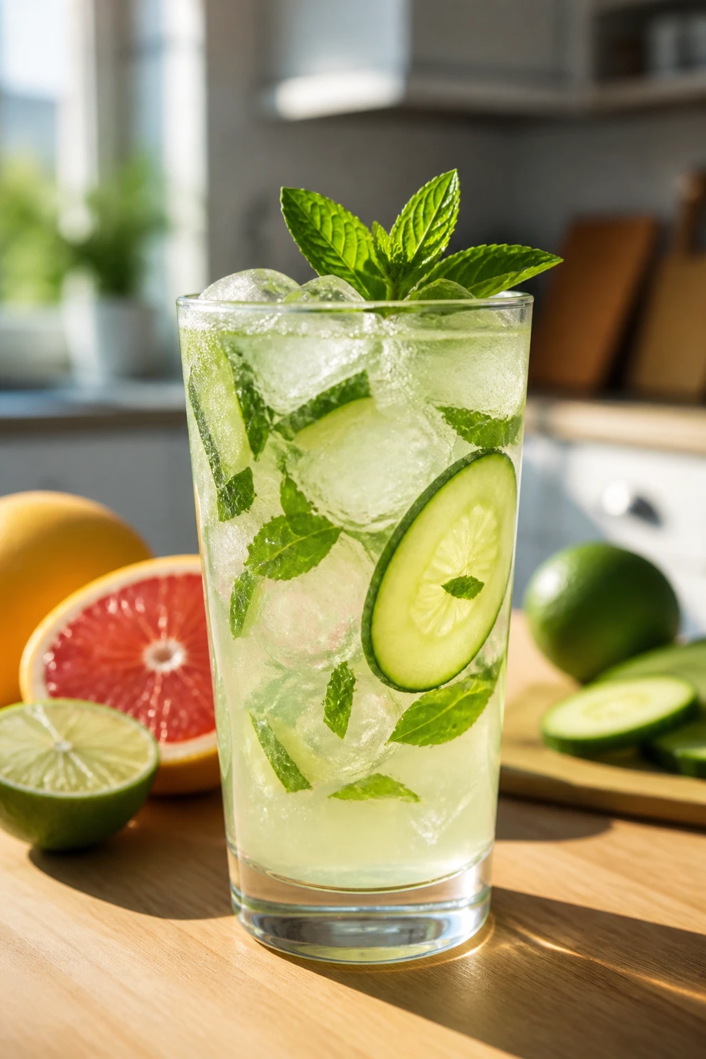 Close-up of a coconut water citrus refresher in a glass with cucumber slices