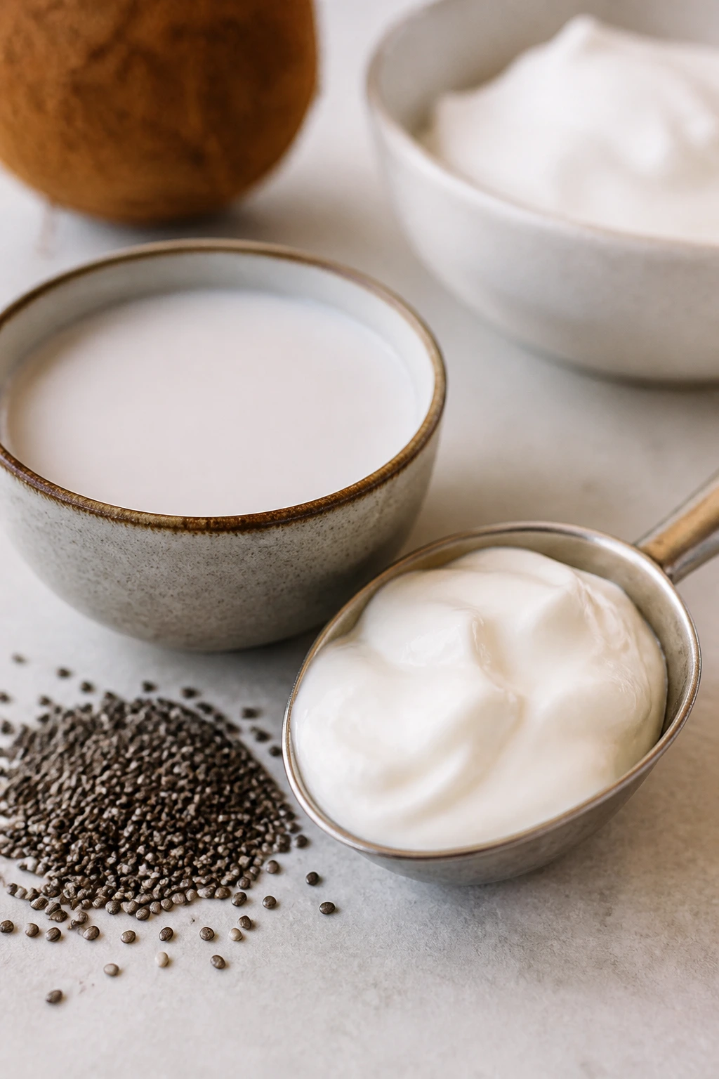 Coconut milk, yogurt, and chia seeds displayed as smoothie add-ins