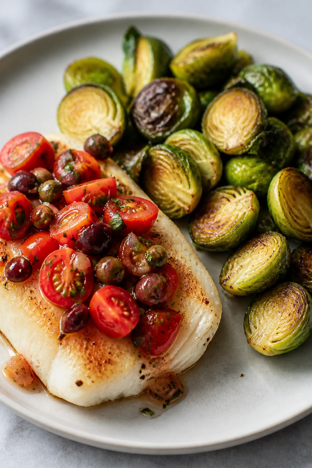 Cod fillet with tomato olive relish and roasted Brussels sprouts on plate