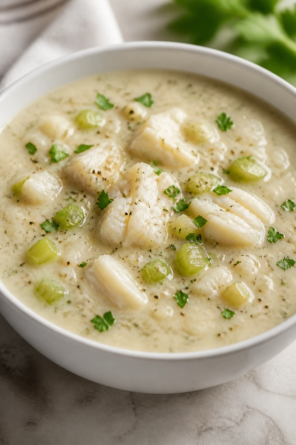 Creamy cod and celery chowder with visible cod chunks and celery in a bowl