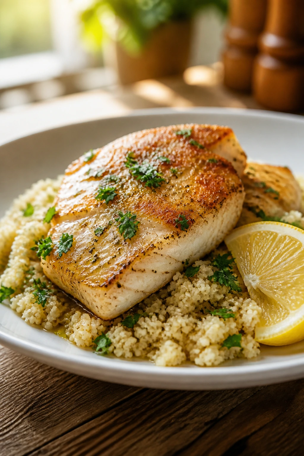 Cod with lemon butter over couscous on a rustic plate
