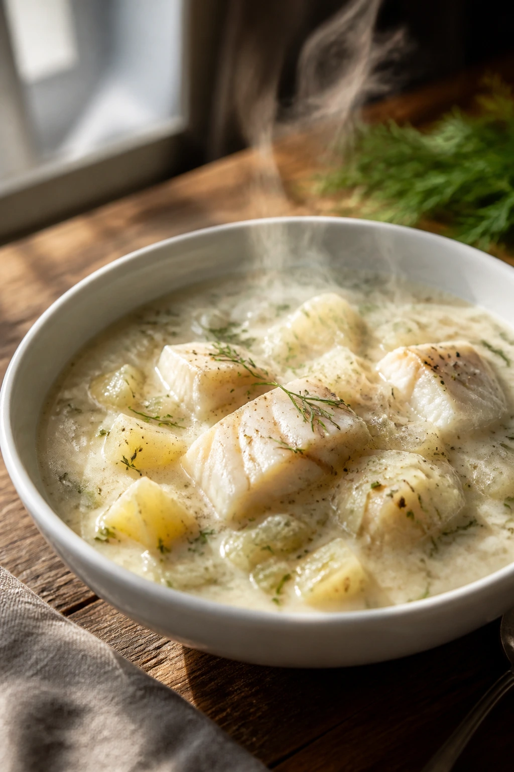 Close-up of cod and fennel chowder in a bowl on a rustic wooden table.