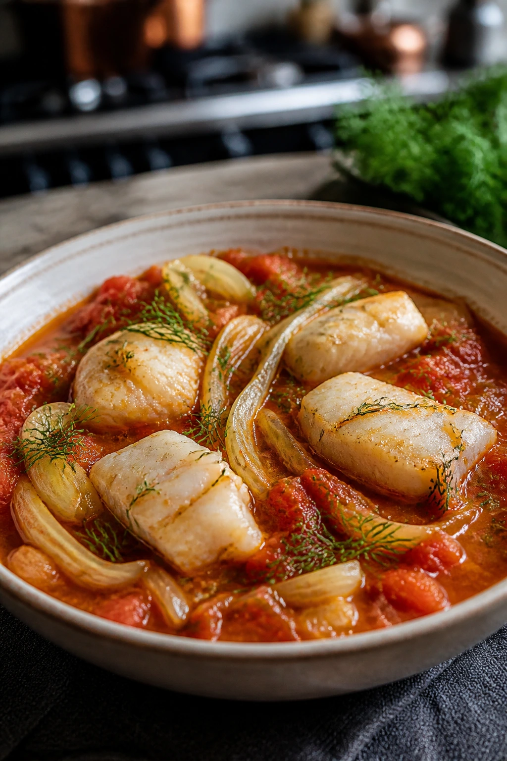 Close-up of cod fennel tomato stew in a deep bowl with visible cod and fennel
