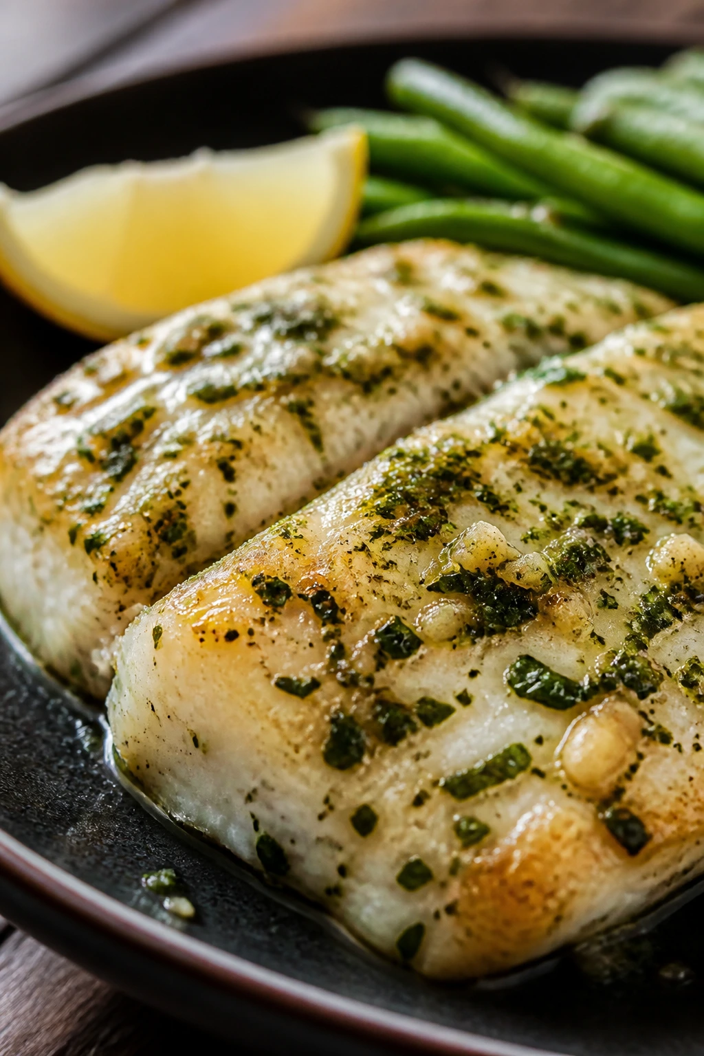 Close-up of garlic herb cod fillets with butter on a dark plate in a warm kitchen