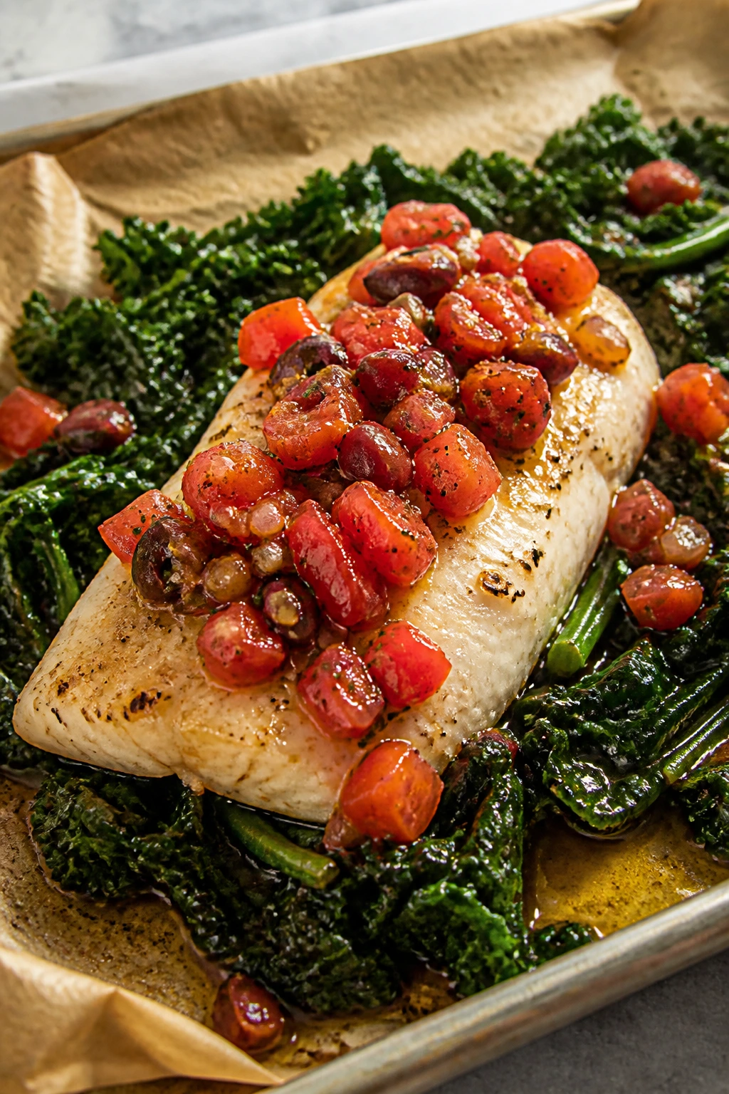 Cod fillet with tomato-olive relish and wilted kale