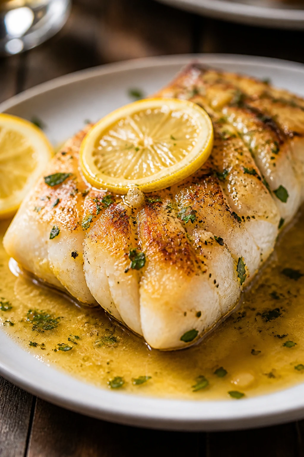 Cod fillet with lemon and butter sauce on a plate