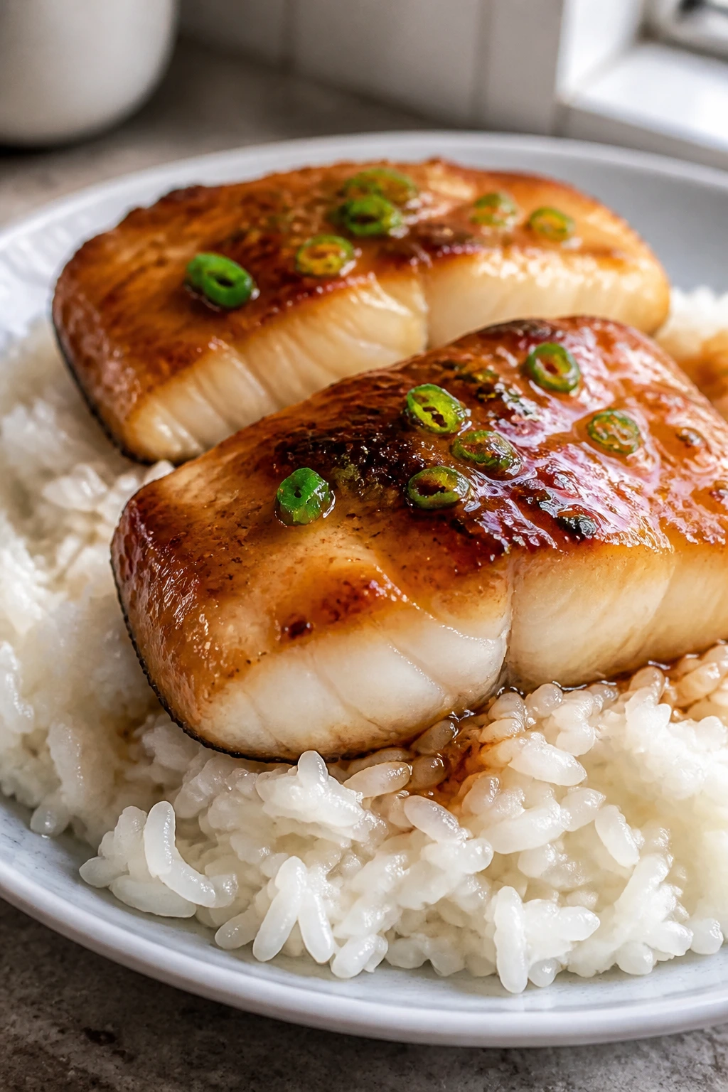 Cod with miso glaze on rice, served simply