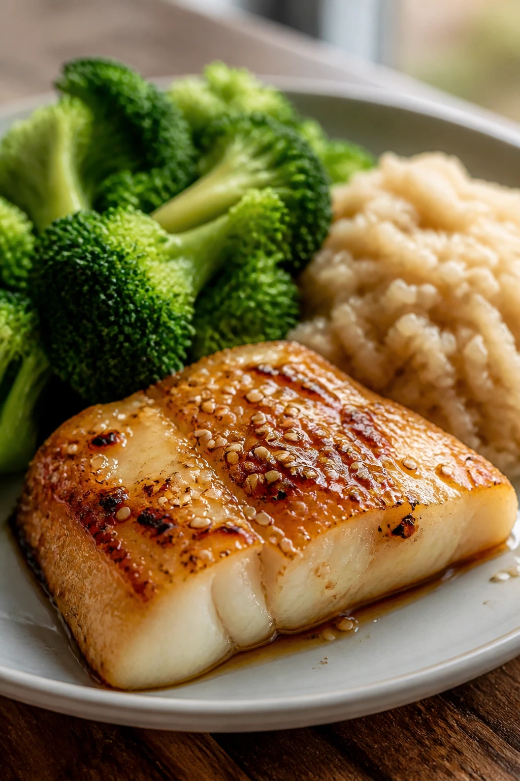 Plated miso-ginger cod with broccoli and rice