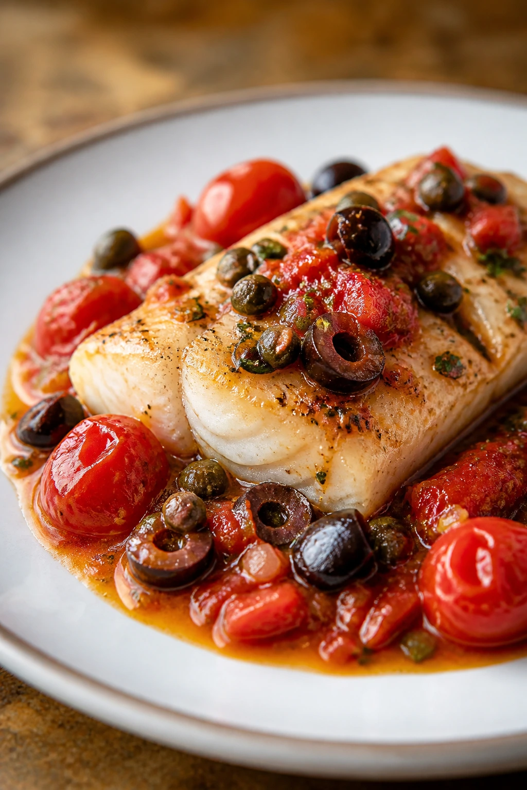 Close-up of cod fillet with tomato-olive-caper sauce on a plate