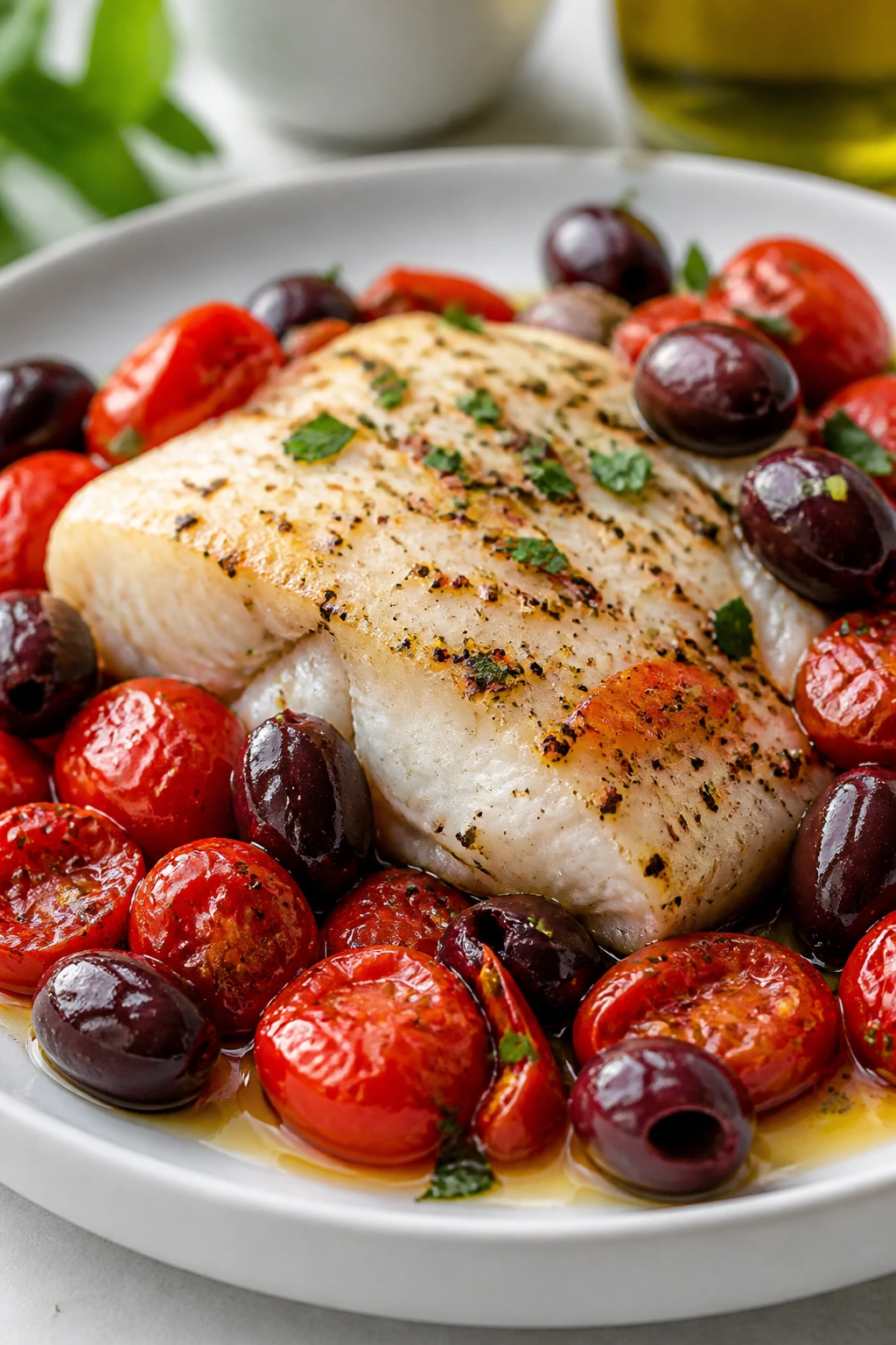 Cod with tomatoes and olives on a plate in bright kitchen light
