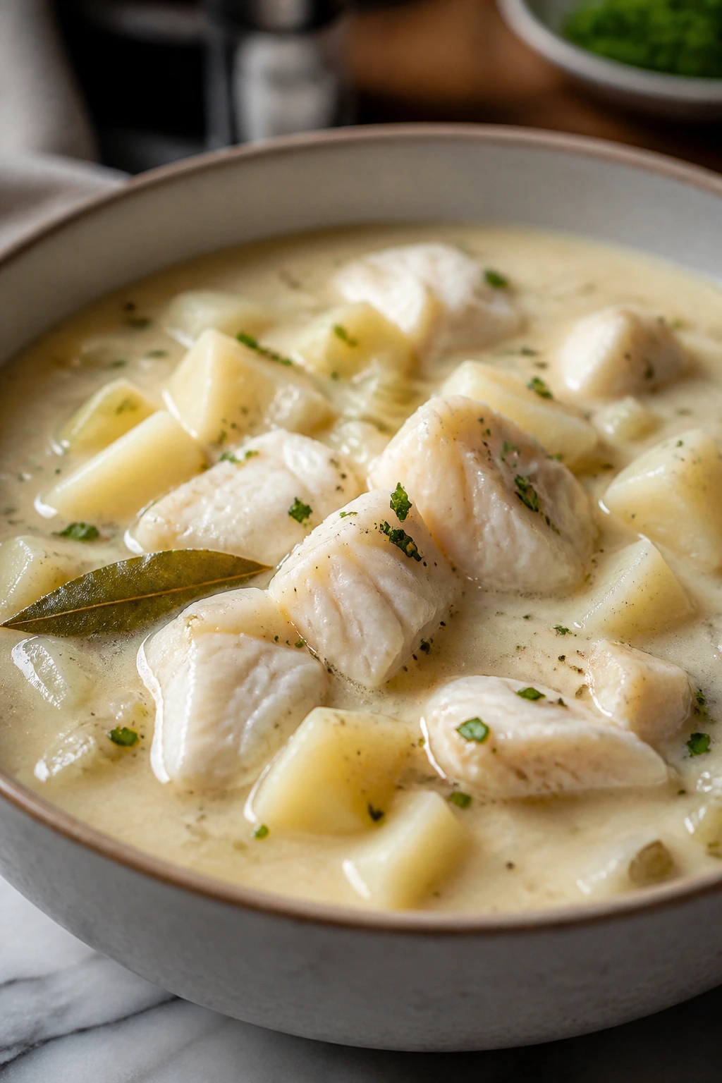 Cod and potato chowder in a bowl with visible cod flakes