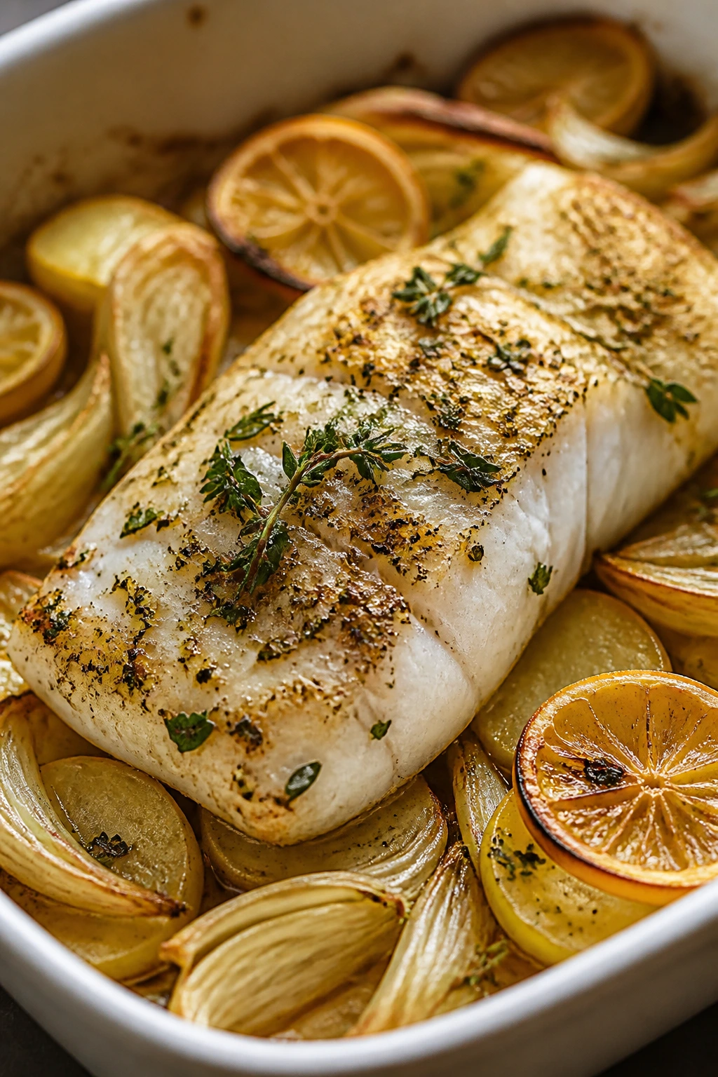 Cod fillet with potatoes and fennel in a baking dish