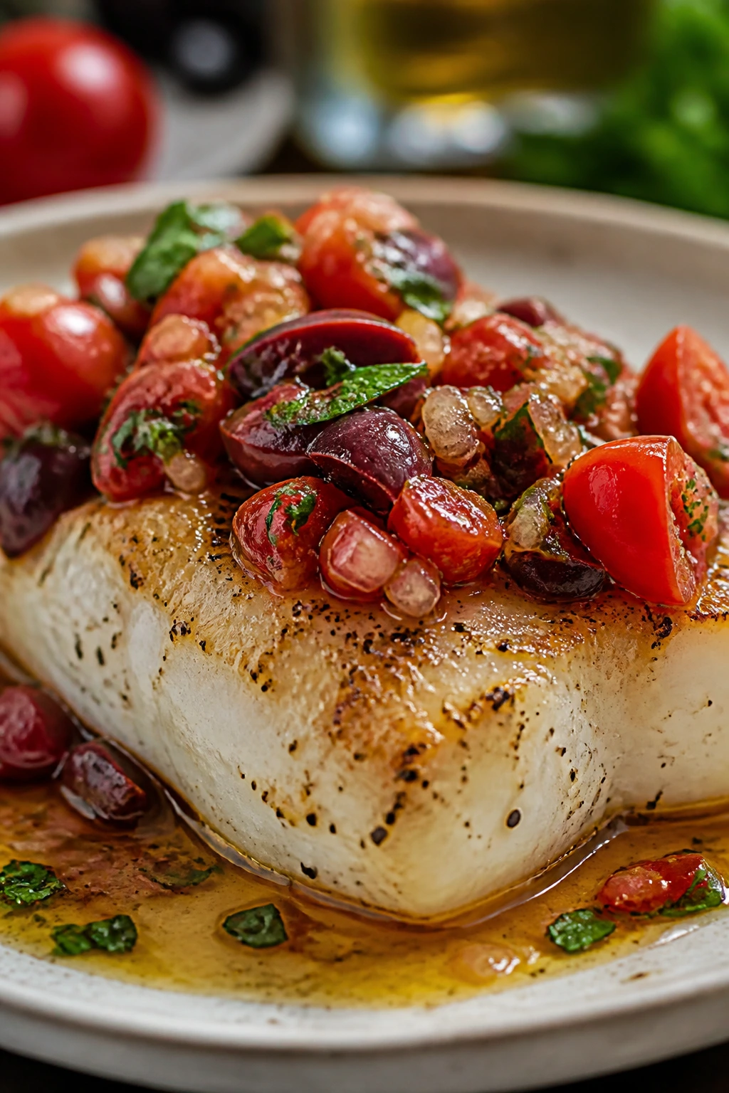 Cod fillet with tomato-olive relish on plate