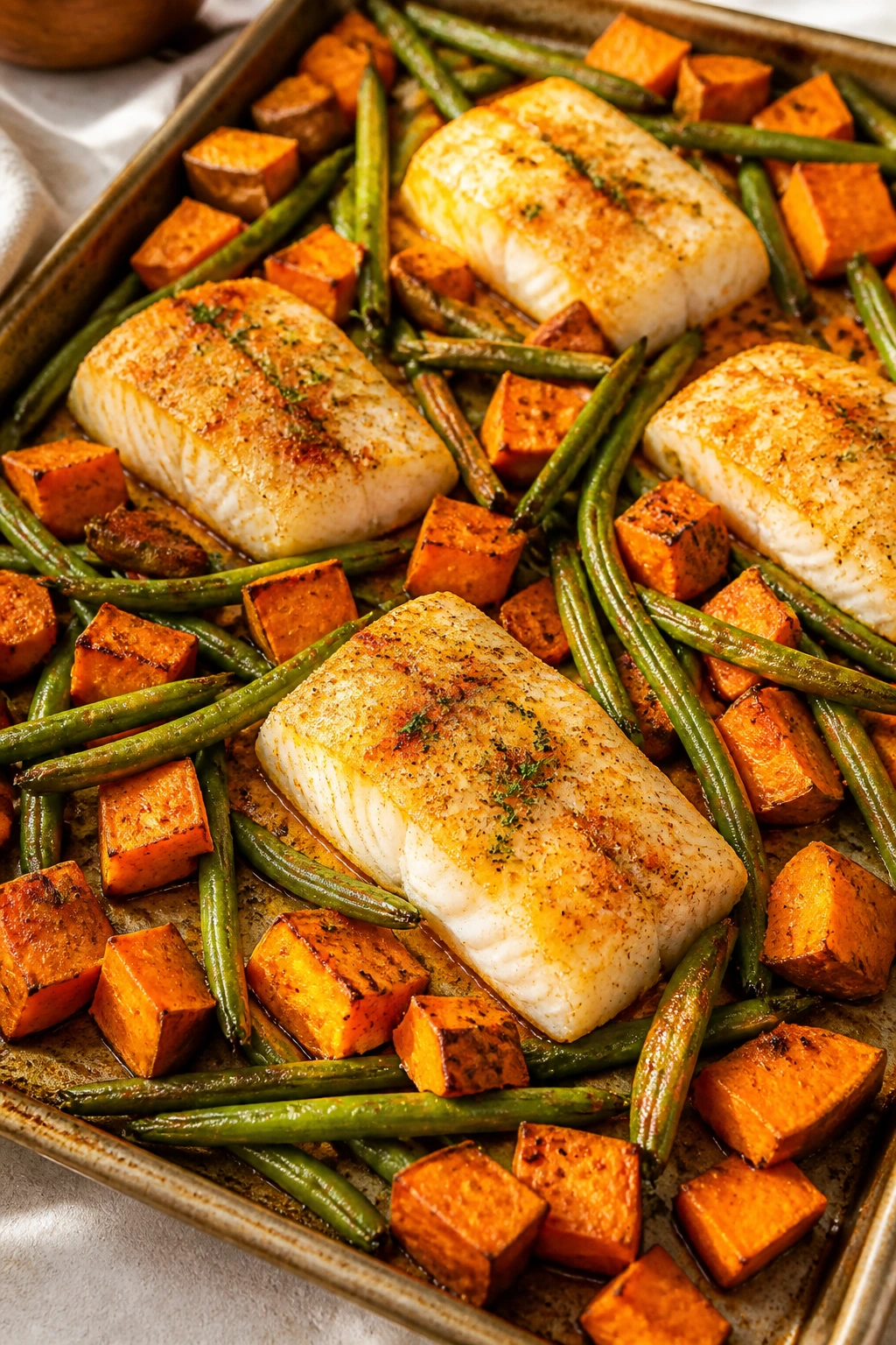 Sheet-pan cod with sweet potatoes and green beans