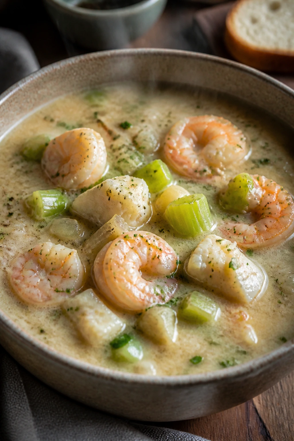 Close-up of cod and shrimp chowder with celery in a creamy seafood broth.