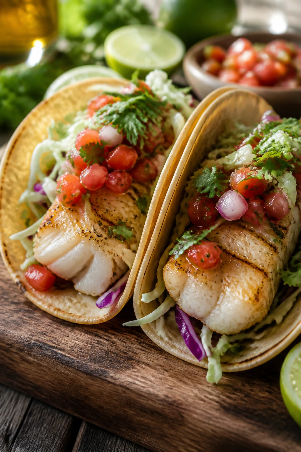 Close-up of Citrus Cod Tacos on a rustic board in sunny picnic setting