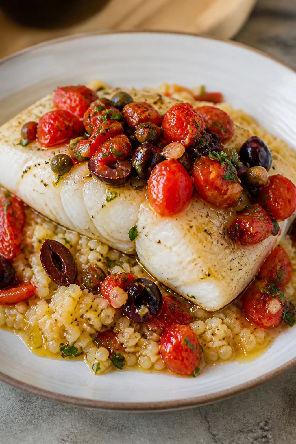 Cod fillet with tomato olive relish and couscous on a plate.